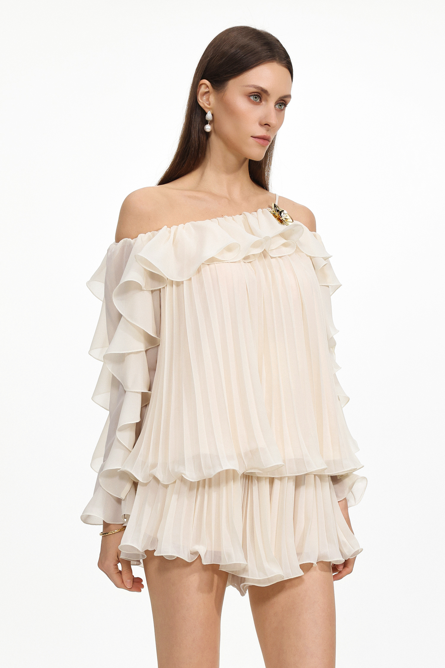 Henlina Resort Flowy Off Shoulder Pleated Ruffle Chiffon Top and Shorts Two Piece Set