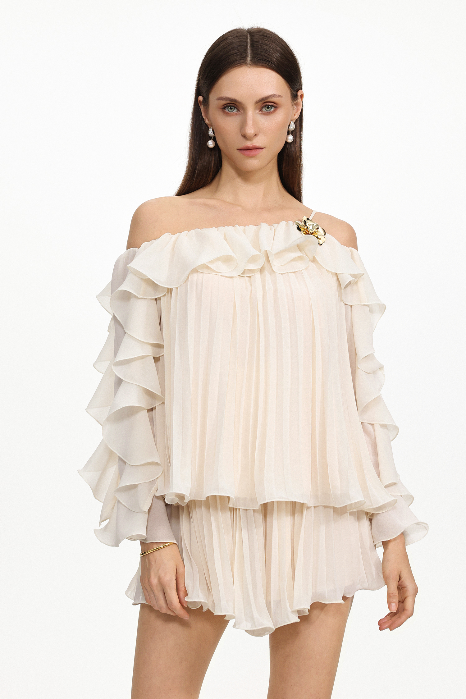 Henlina Resort Flowy Off Shoulder Pleated Ruffle Chiffon Top and Shorts Two Piece Set