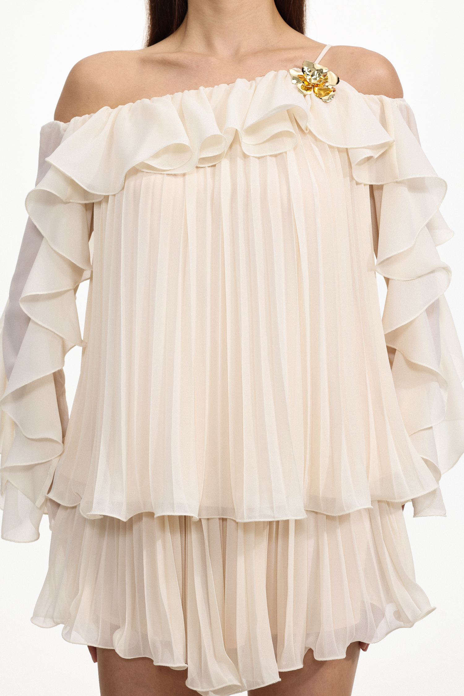 Henlina Resort Flowy Off Shoulder Pleated Ruffle Chiffon Top and Shorts Two Piece Set