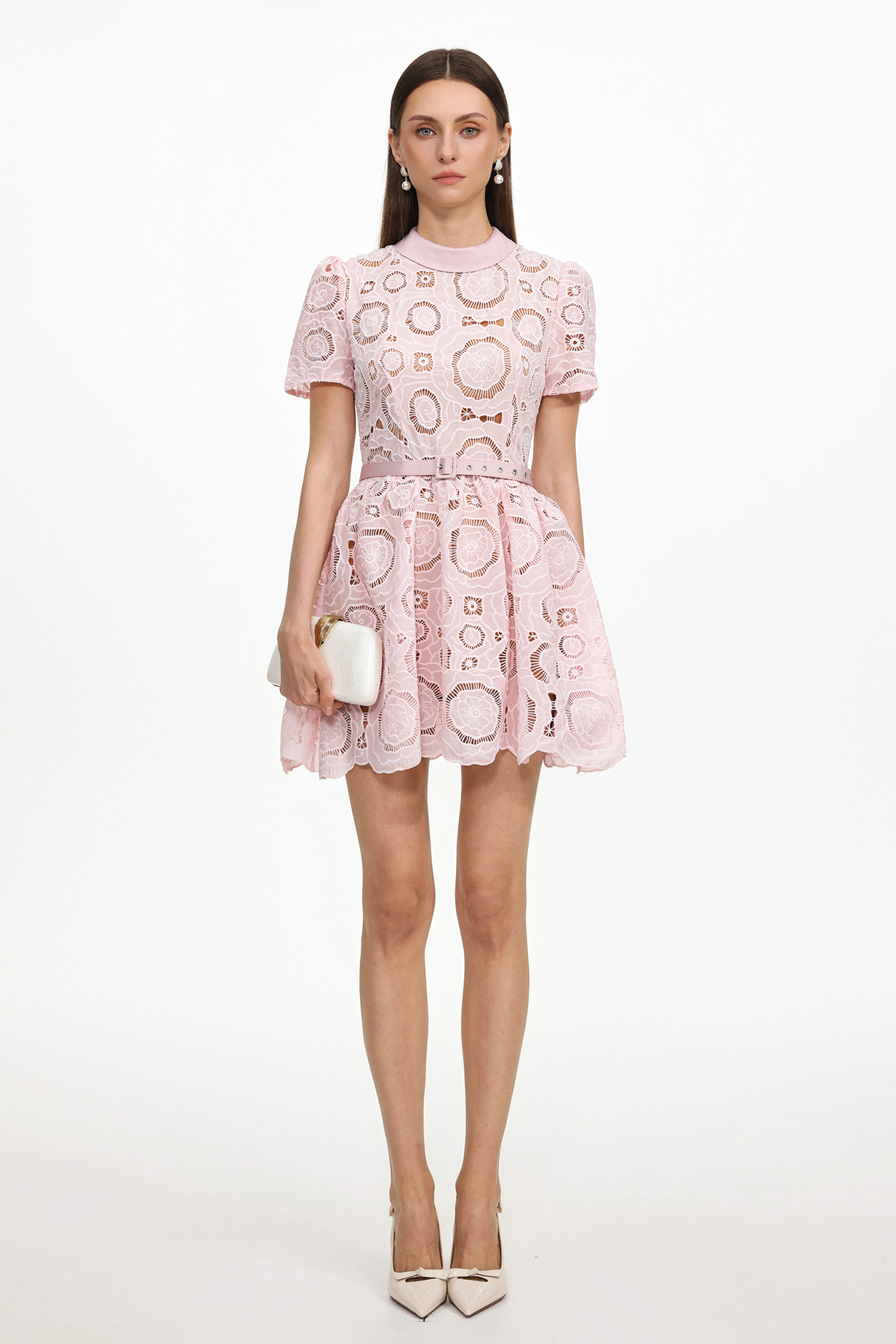 Meryl Chic Tailored Short Sleeve Cut Out Lace Mini Dress