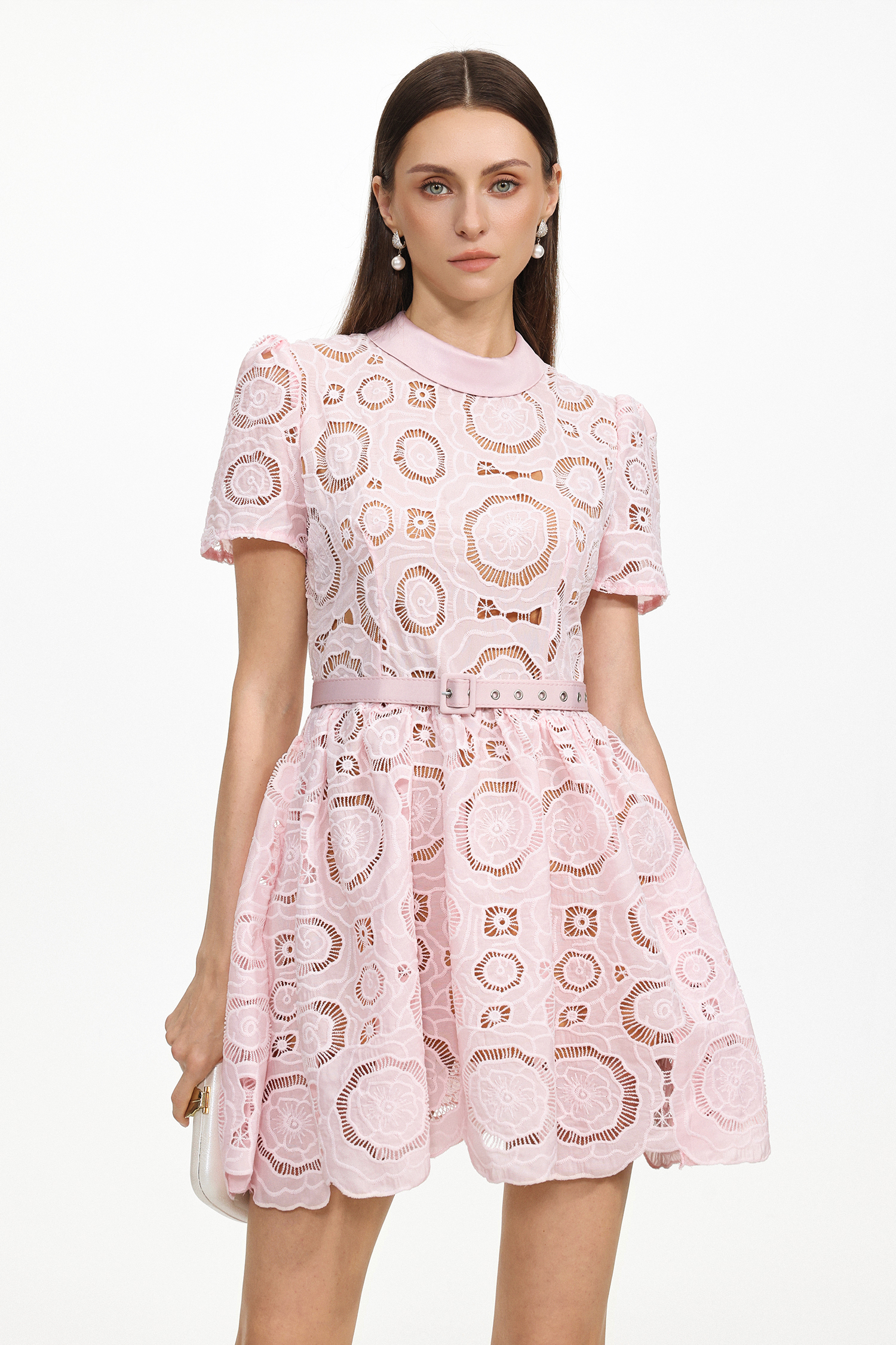 Meryl Chic Tailored Short Sleeve Cut Out Lace Mini Dress