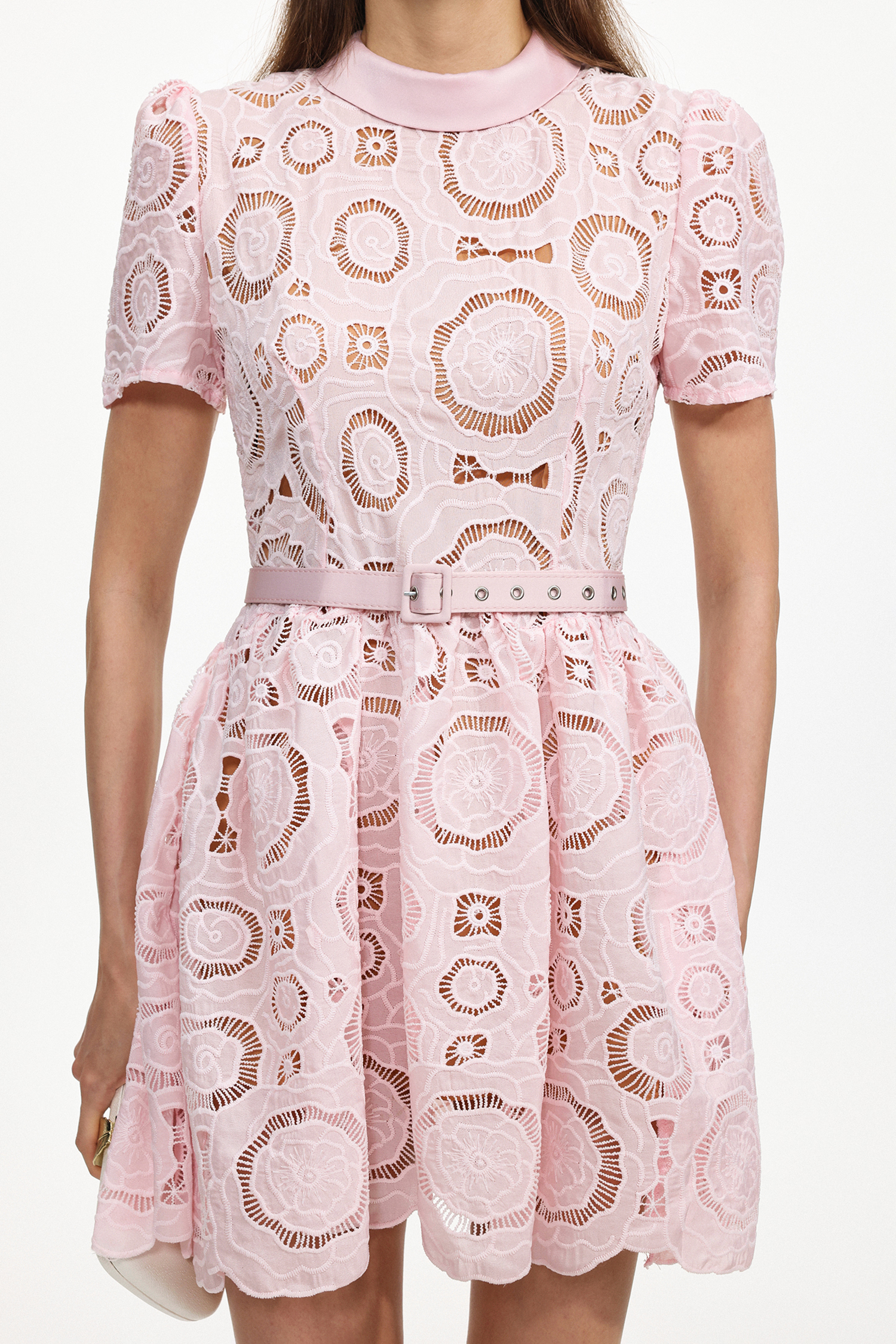 Meryl Chic Tailored Short Sleeve Cut Out Lace Mini Dress