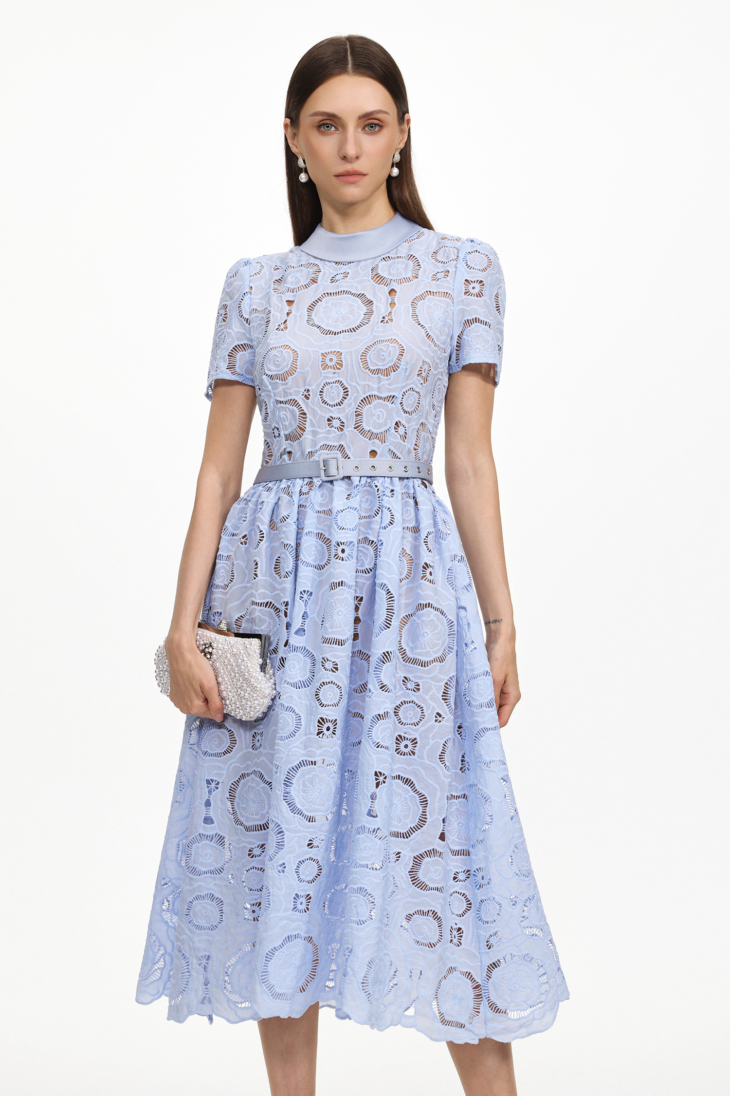 Kayley Chic Tailored Short Sleeve Cut Out Lace Maxi Dress