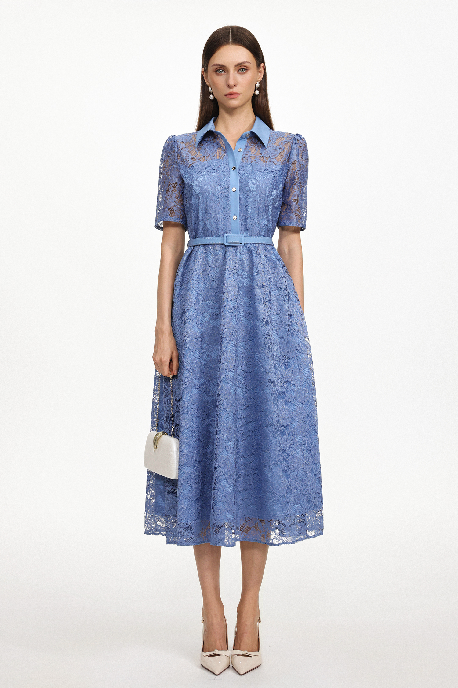 Nesya Classic Tailored Short Sleeve Floral Lace Woven Maxi Dress