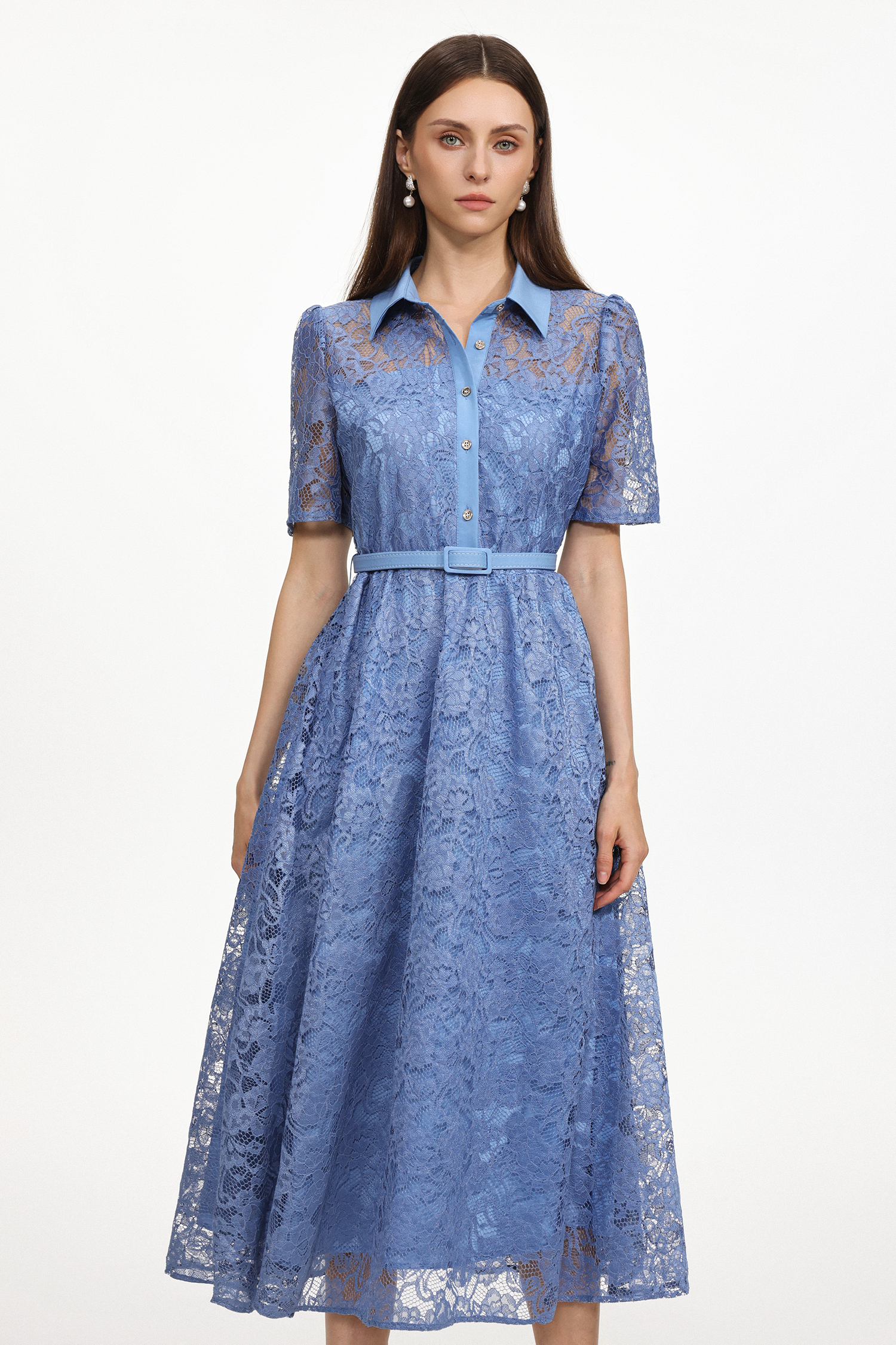 Nesya Classic Tailored Short Sleeve Floral Lace Woven Maxi Dress