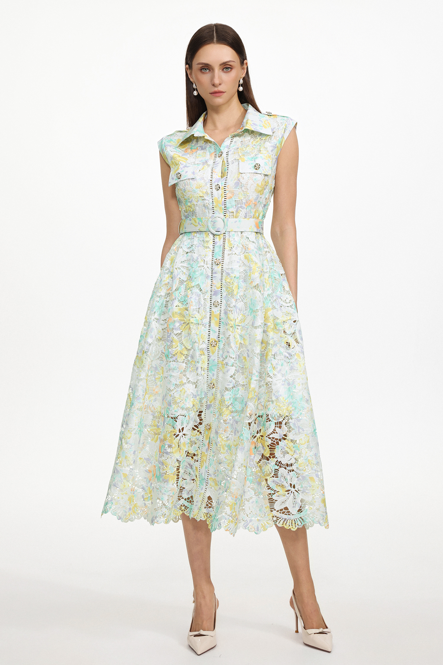 Viya Classic Tailored Sleeveless Floral Print Lace Maxi Dress