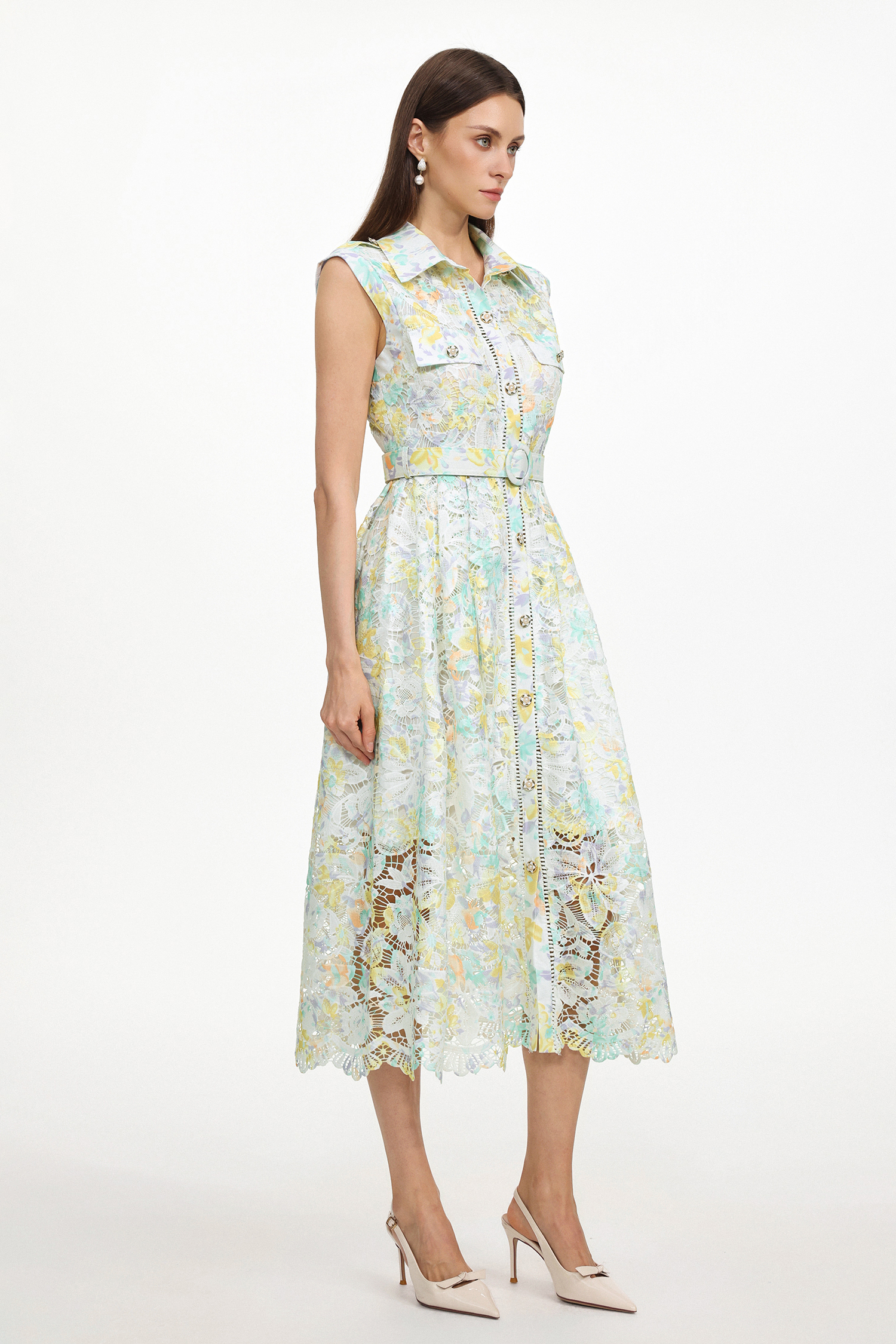 Viya Classic Tailored Sleeveless Floral Print Lace Maxi Dress