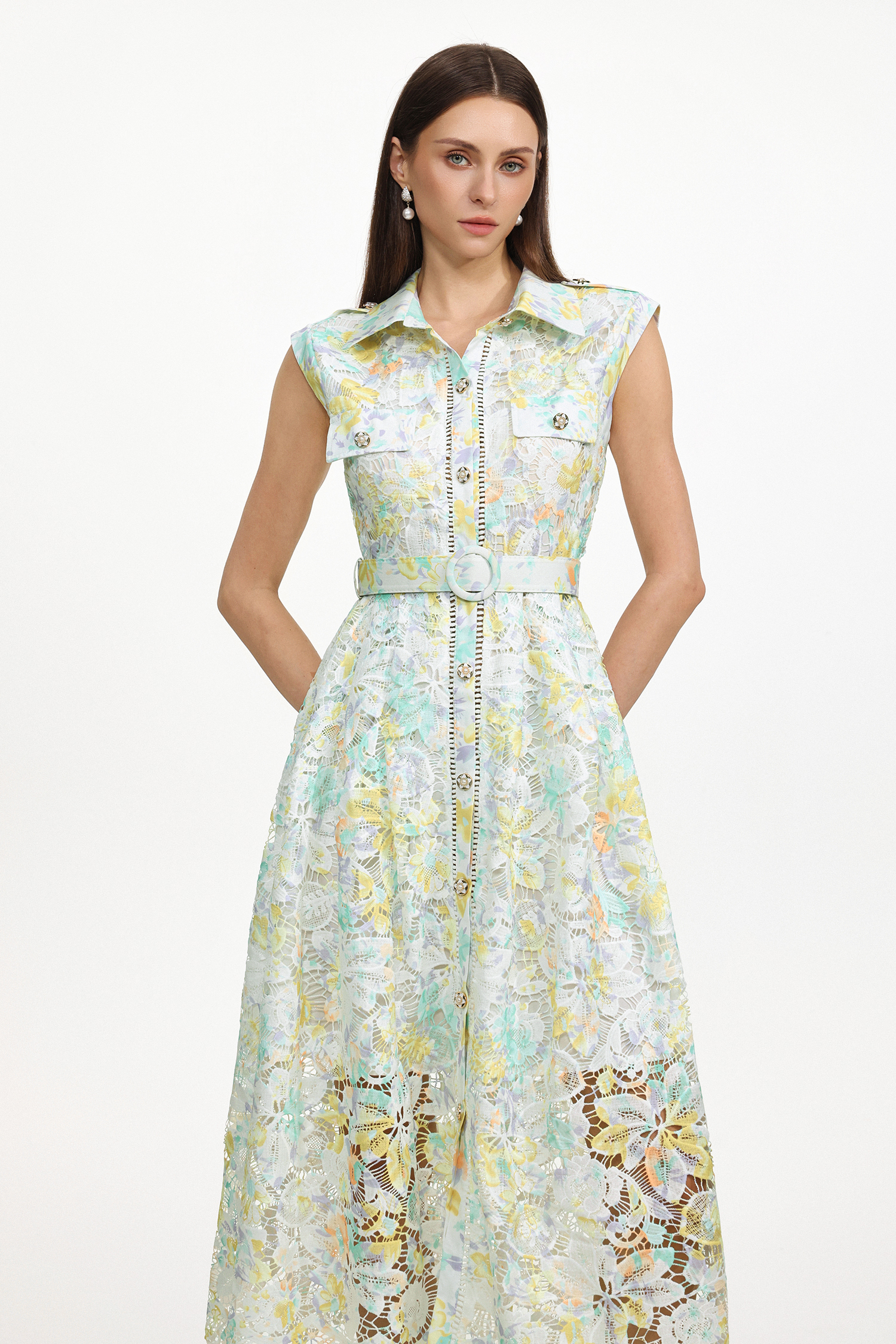 Viya Classic Tailored Sleeveless Floral Print Lace Maxi Dress