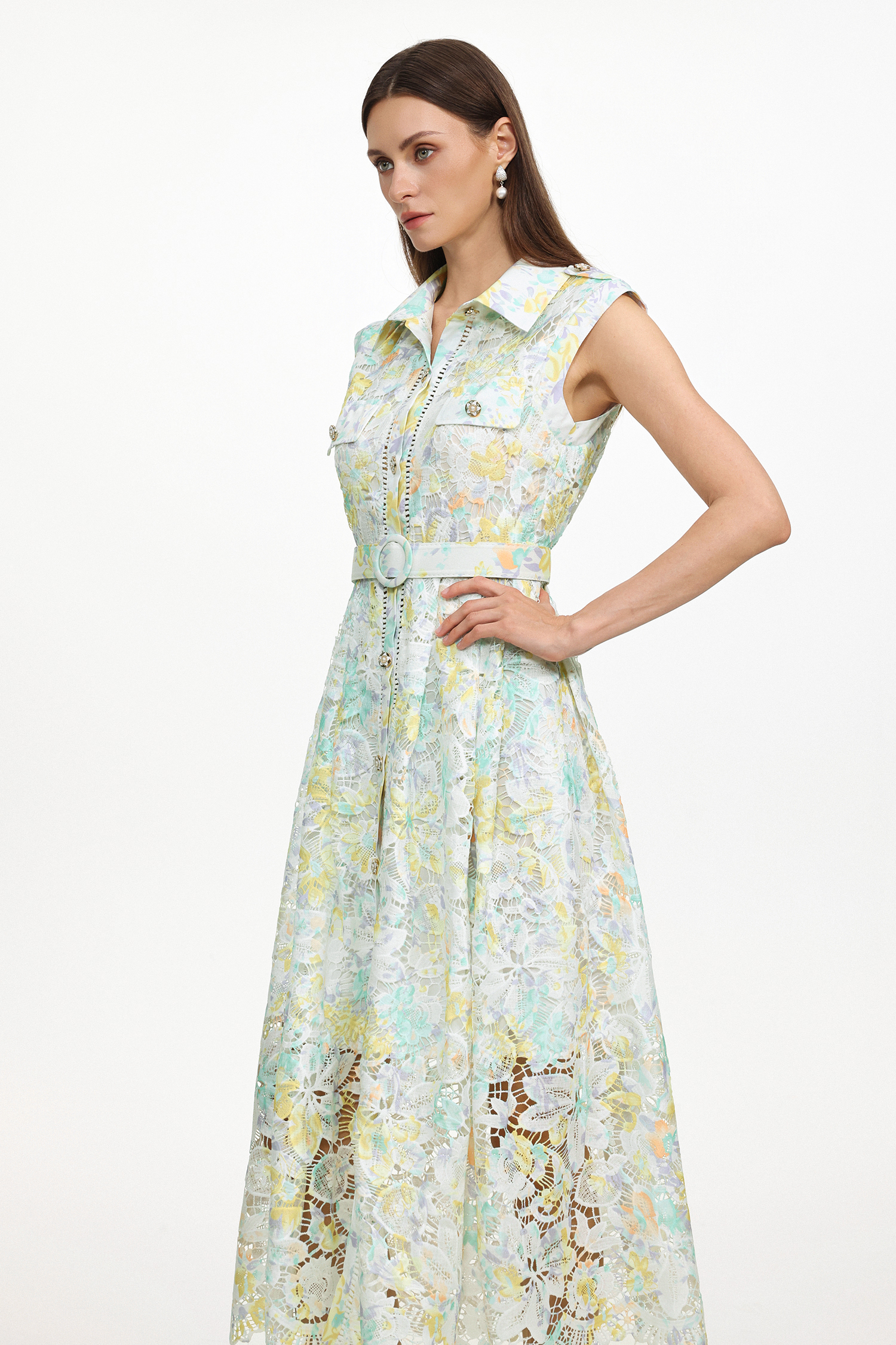 Viya Classic Tailored Sleeveless Floral Print Lace Maxi Dress