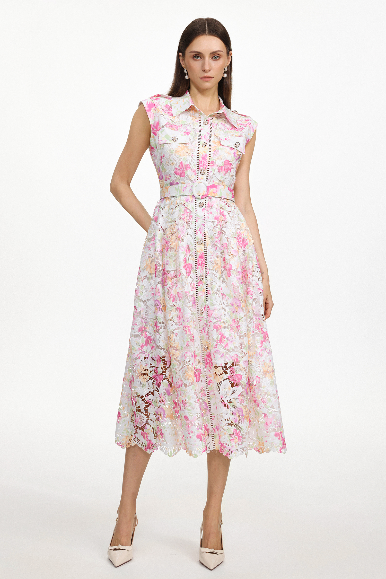 Viya Classic Tailored Sleeveless Floral Print Lace Maxi Dress