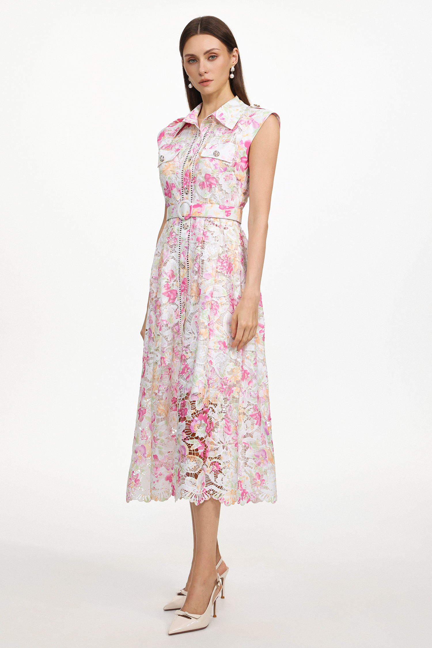 Viya Classic Tailored Sleeveless Floral Print Lace Maxi Dress