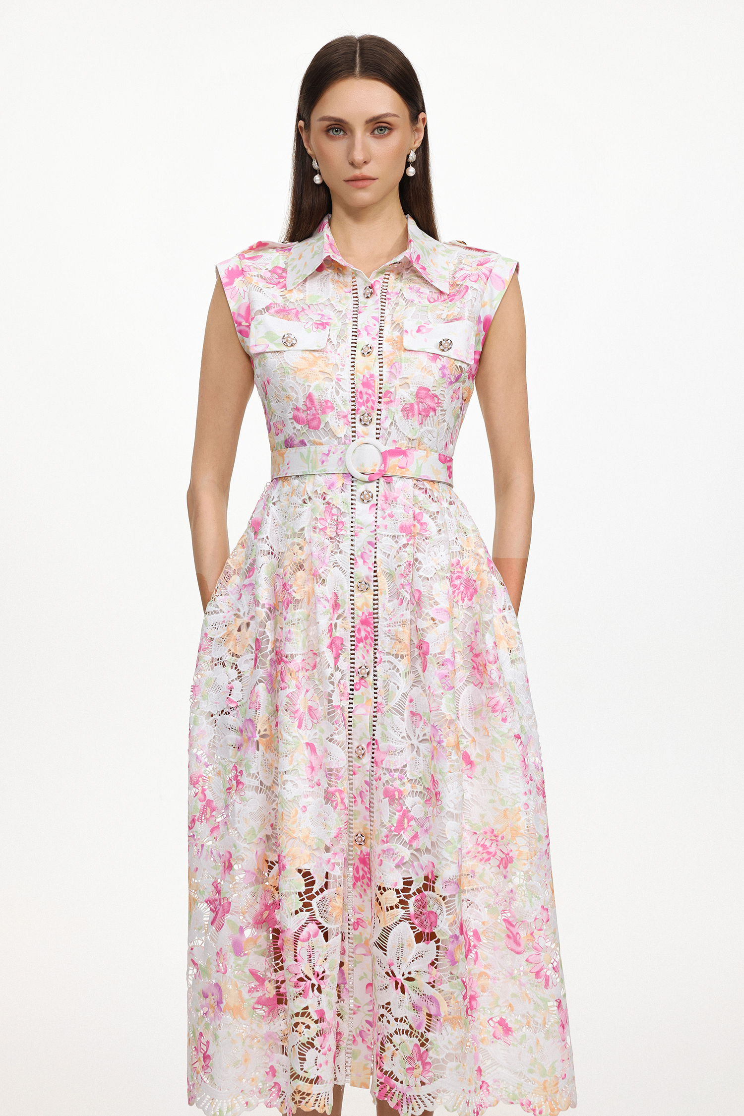 Viya Classic Tailored Sleeveless Floral Print Lace Maxi Dress