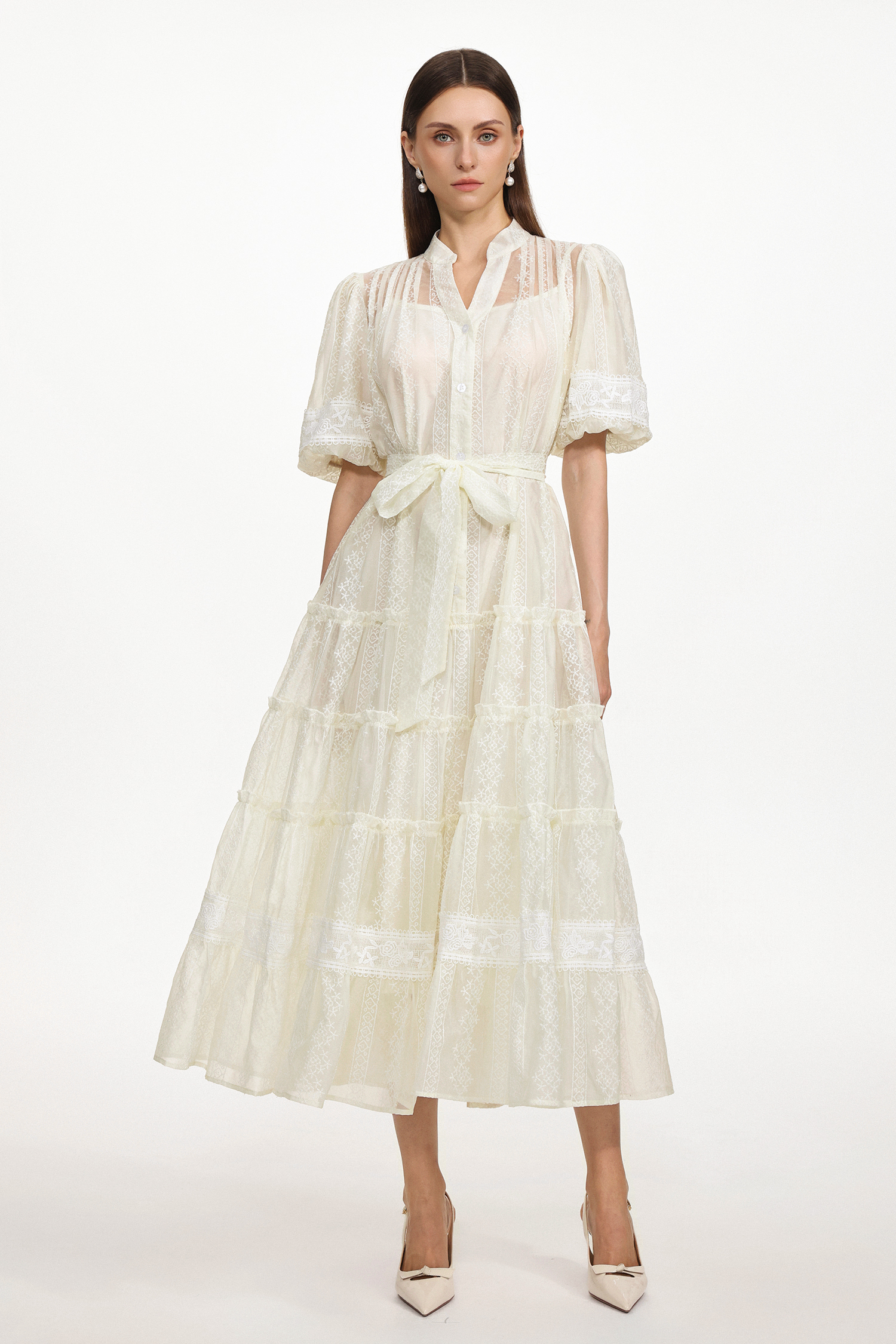 Hulic Resort Flowy Puff Sleeve Lace Woven Maxi Dress