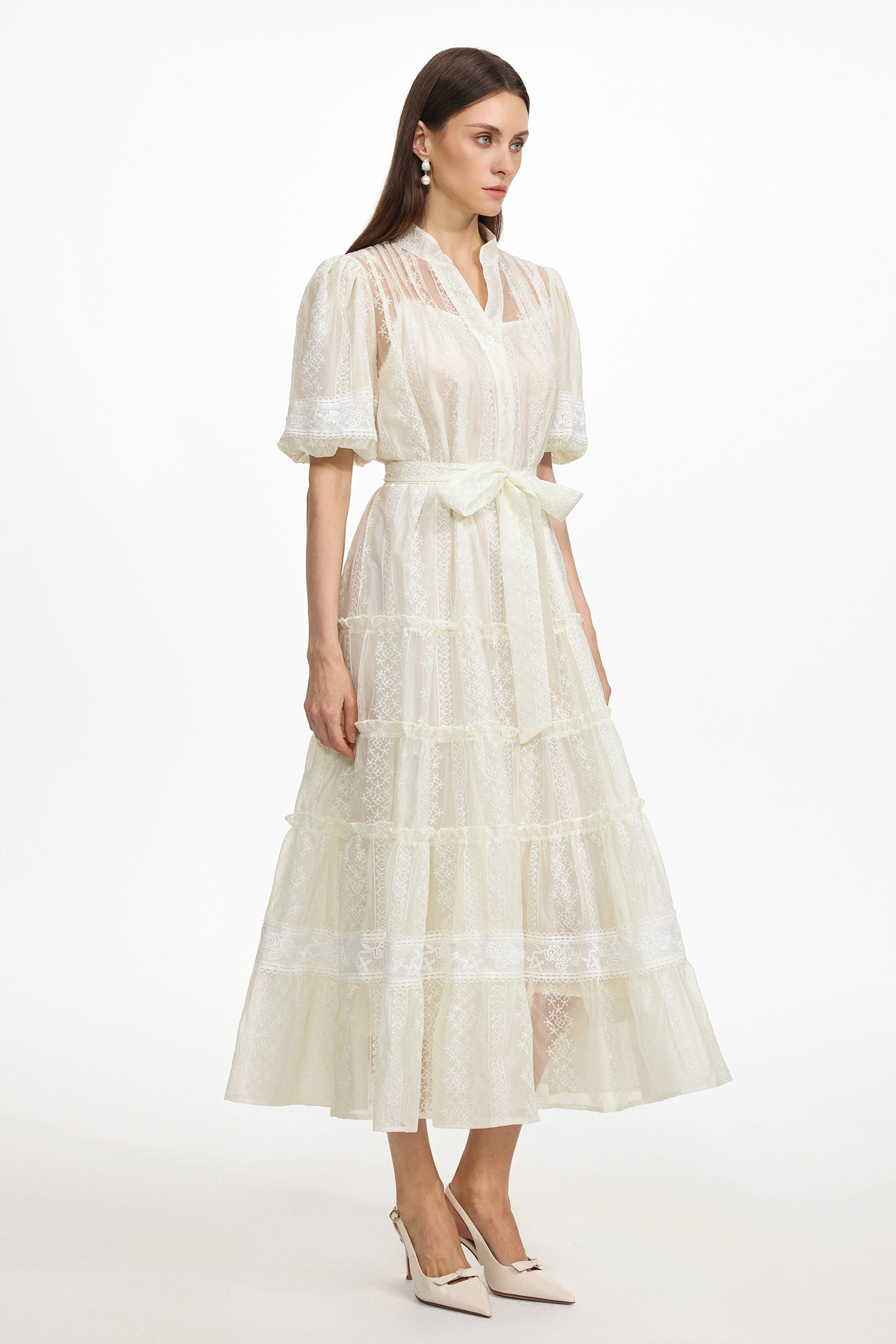 Hulic Resort Flowy Puff Sleeve Lace Woven Maxi Dress