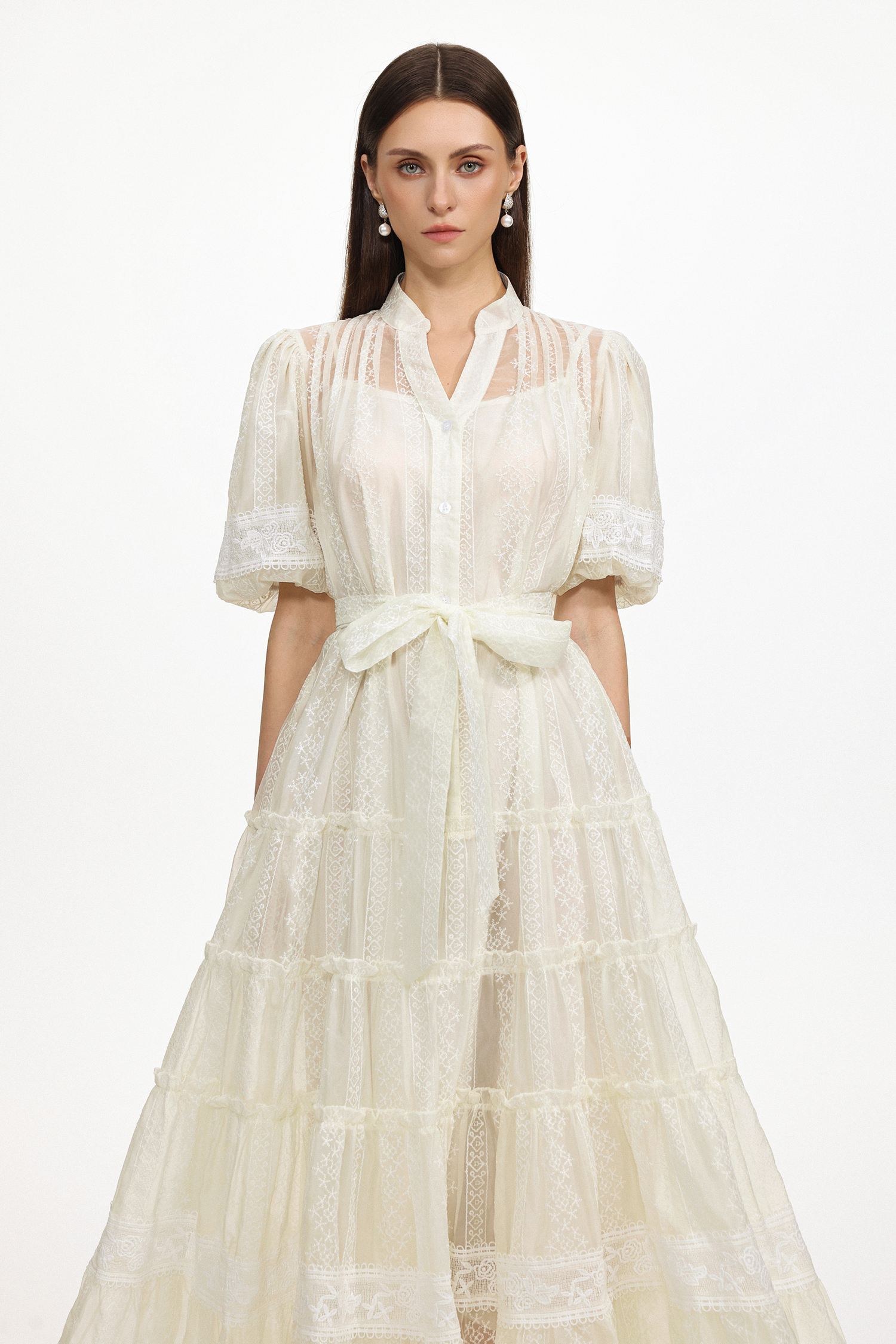 Hulic Resort Flowy Puff Sleeve Lace Woven Maxi Dress