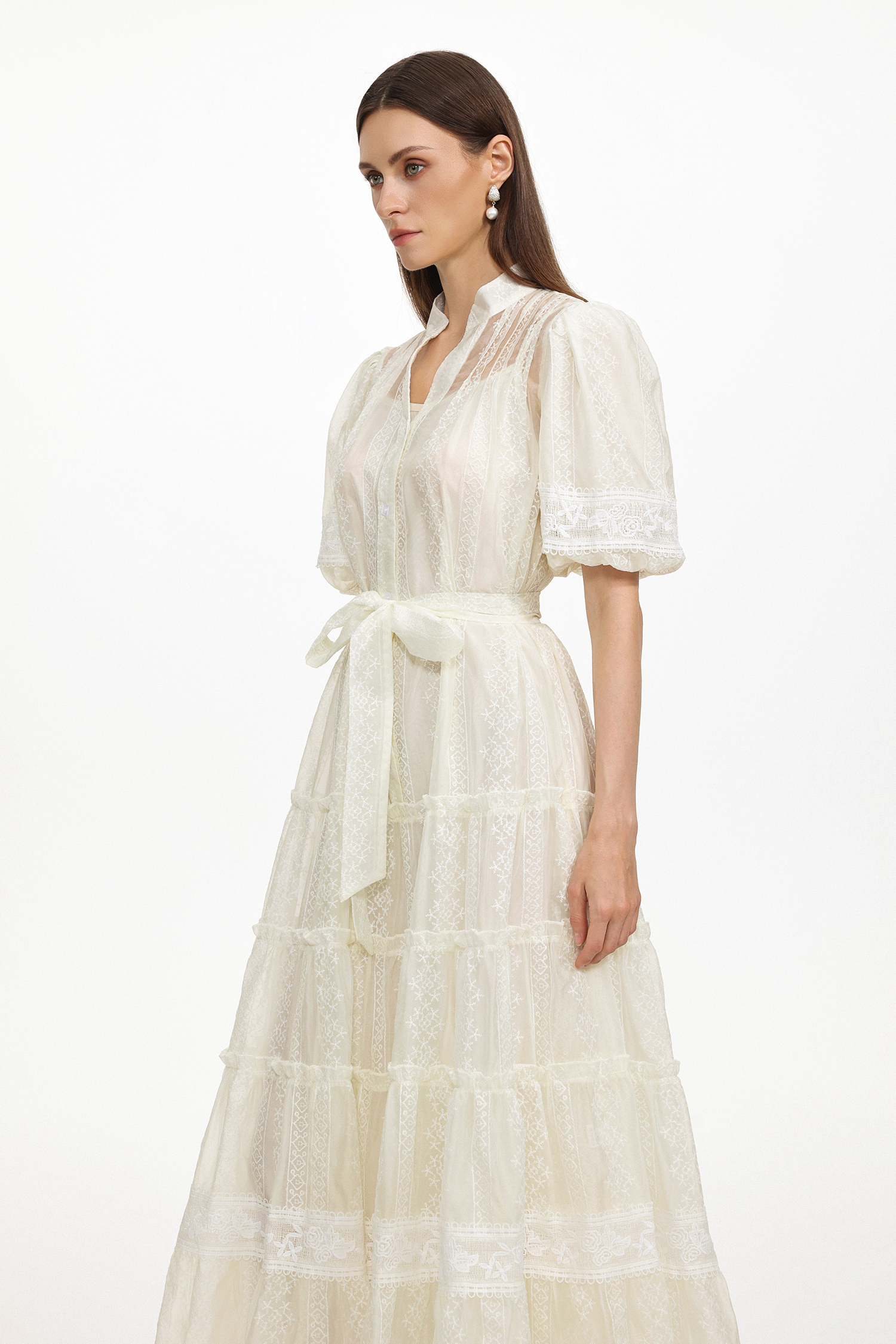 Hulic Resort Flowy Puff Sleeve Lace Woven Maxi Dress