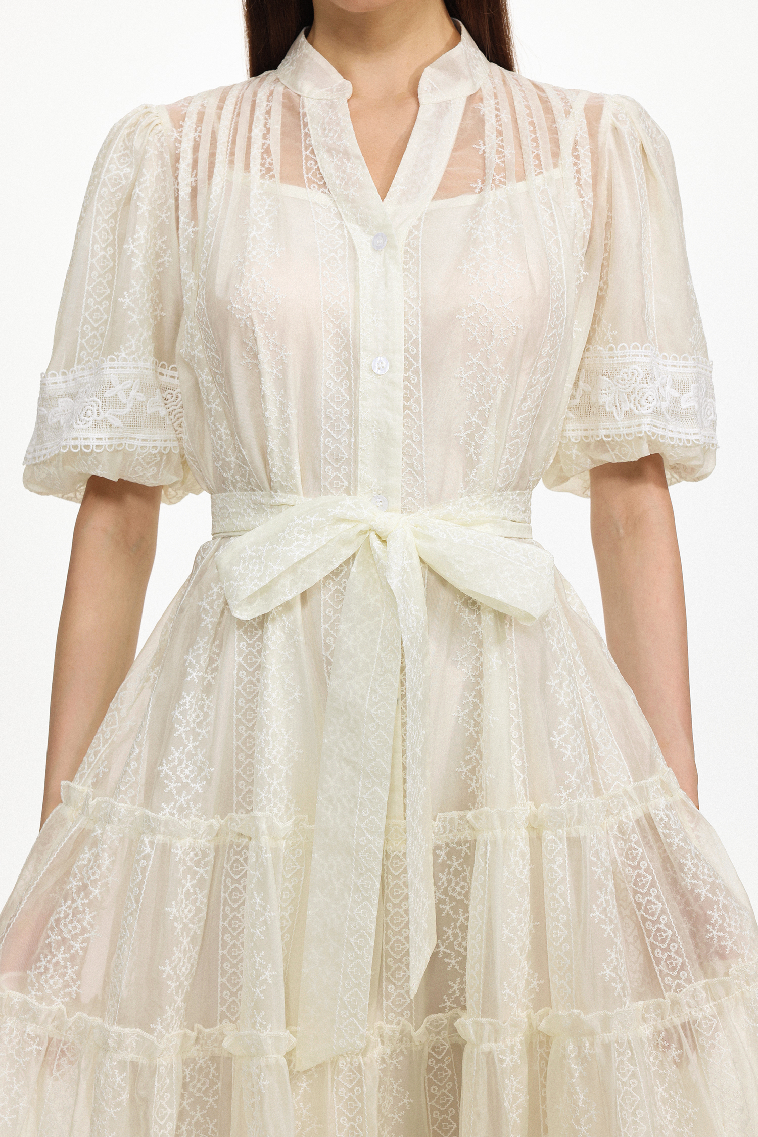 Hulic Resort Flowy Puff Sleeve Lace Woven Maxi Dress