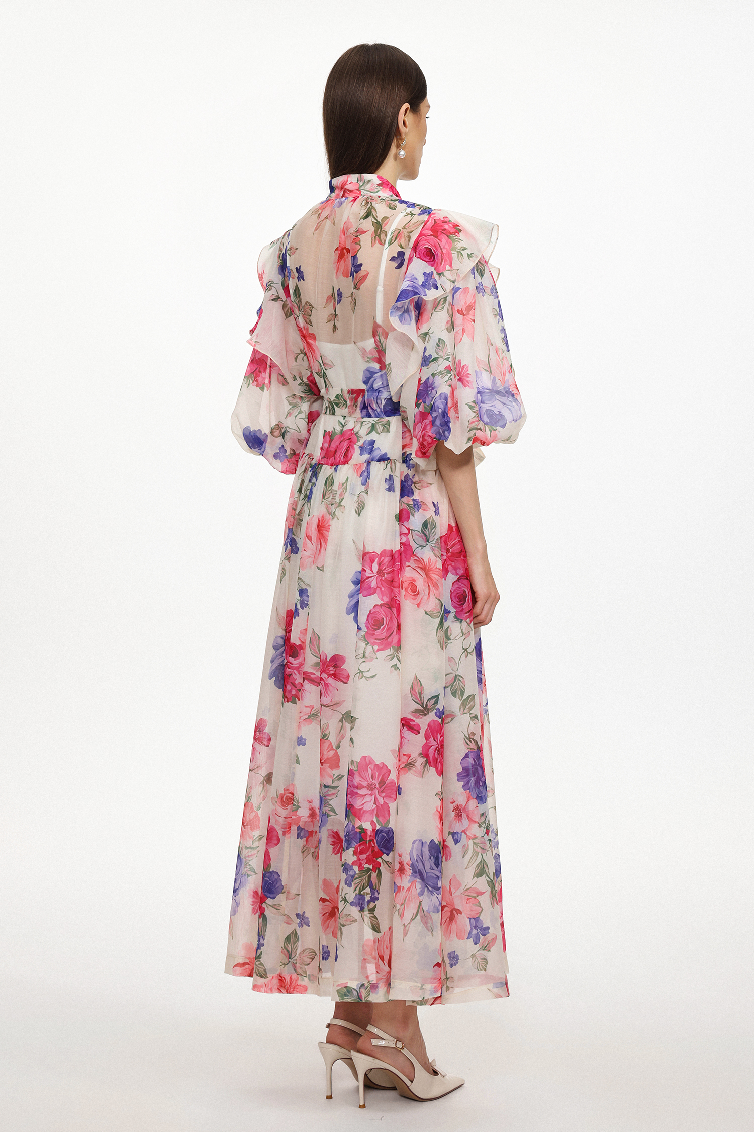 Julim Resort Flowy Short Sleeve Ruffle Floral Print Woven Maxi Dress