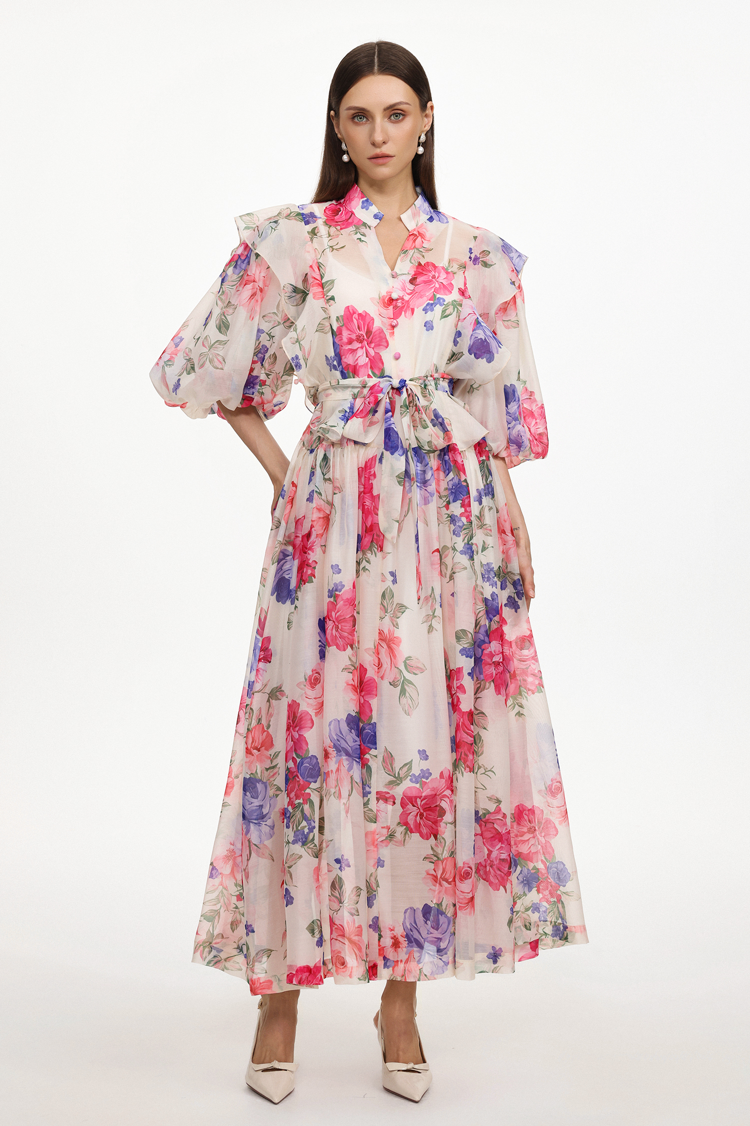 Julim Resort Flowy Short Sleeve Ruffle Floral Print Woven Maxi Dress