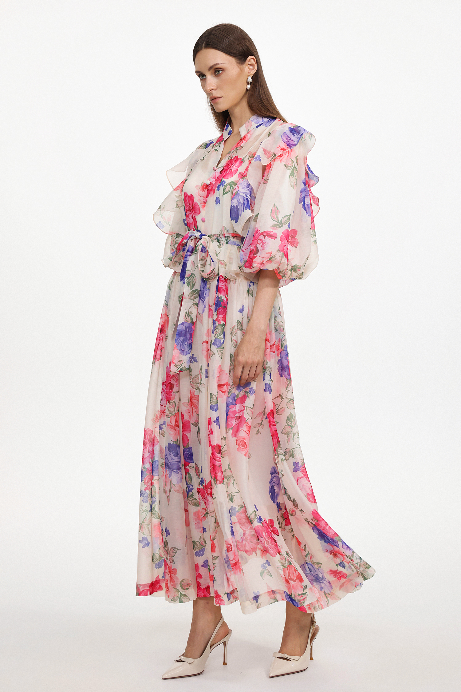 Julim Resort Flowy Short Sleeve Ruffle Floral Print Woven Maxi Dress