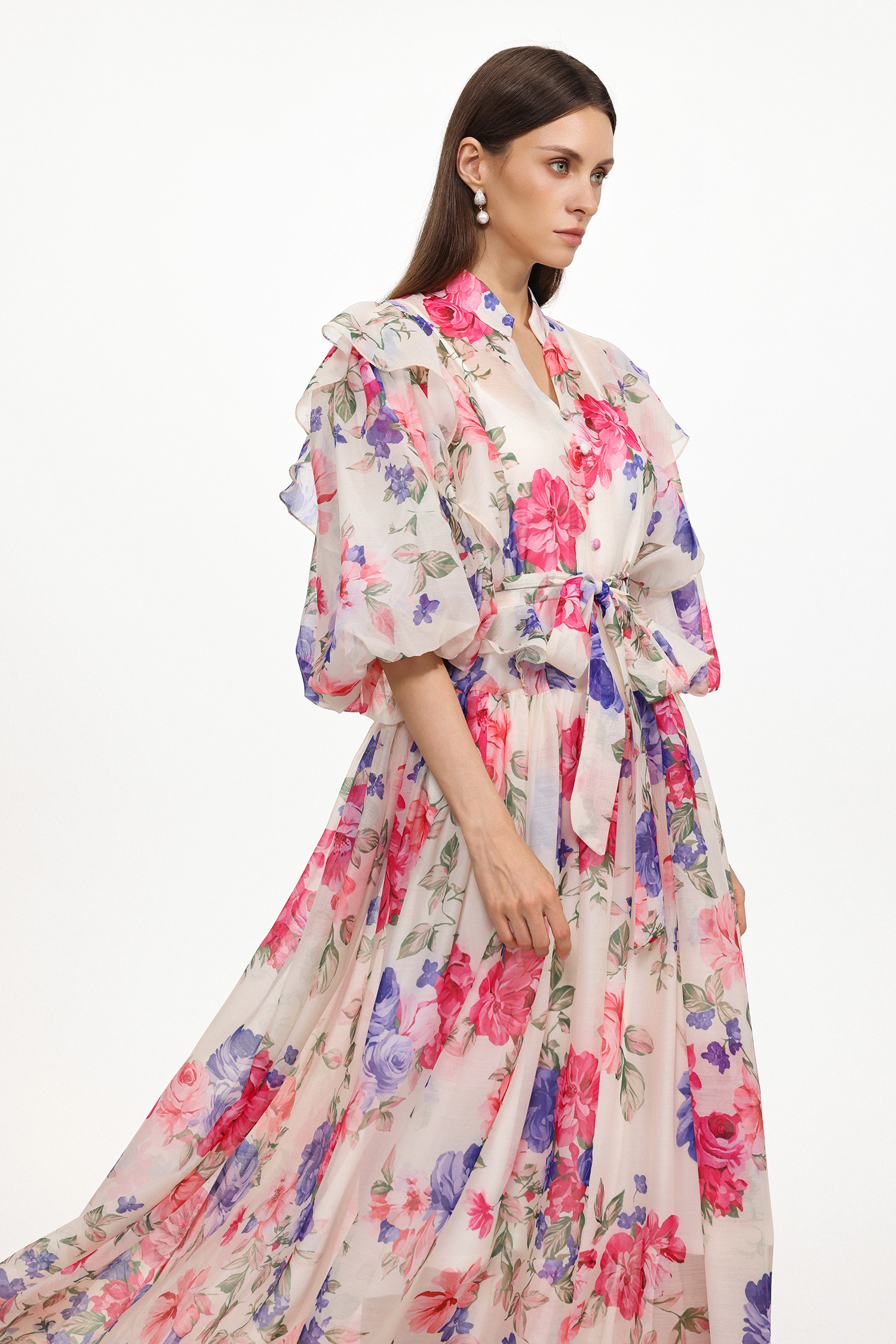 Julim Resort Flowy Short Sleeve Ruffle Floral Print Woven Maxi Dress
