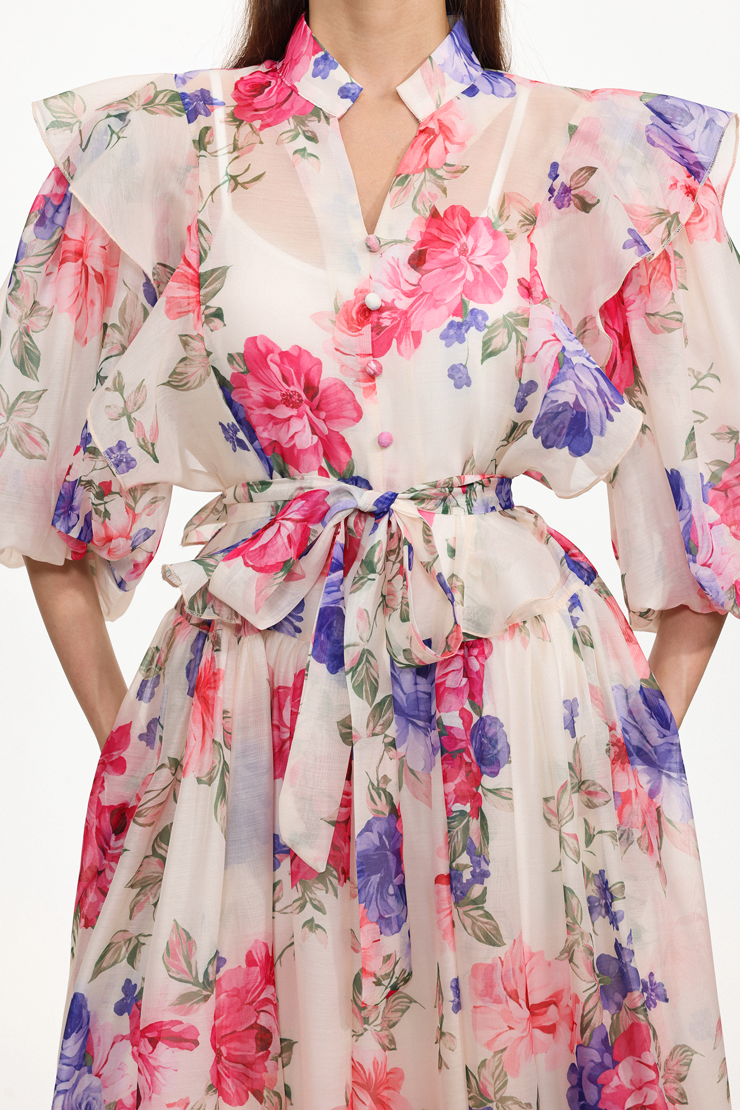 Julim Resort Flowy Short Sleeve Ruffle Floral Print Woven Maxi Dress