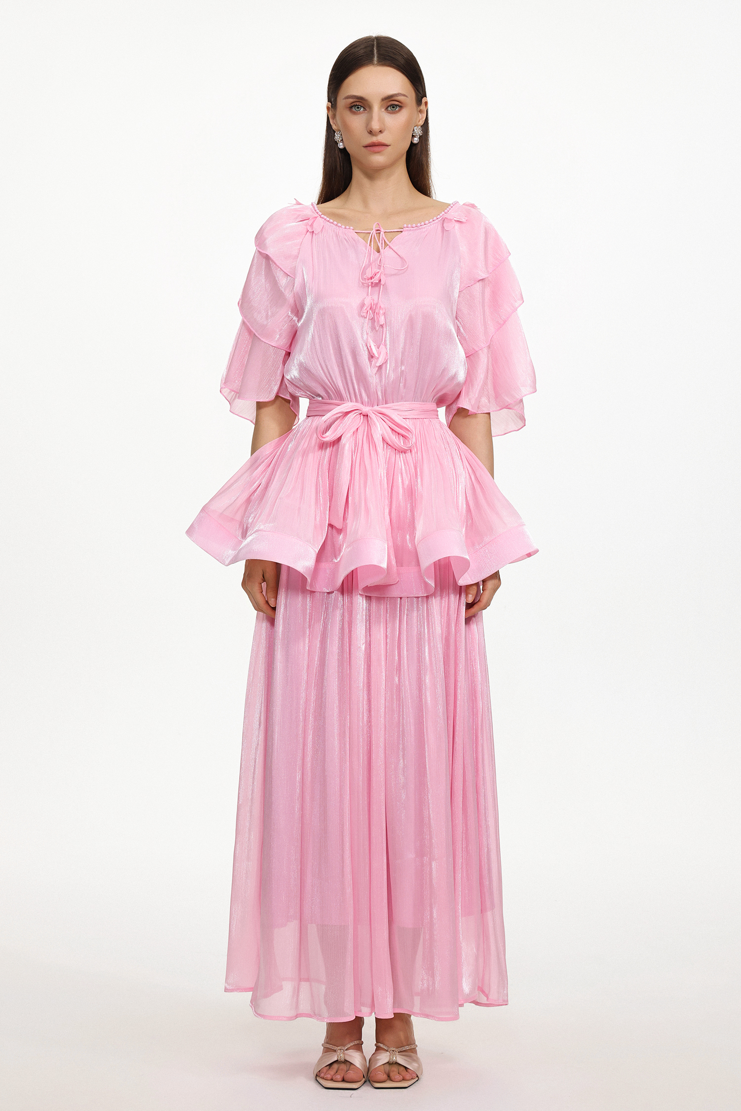 Donnica Resort Flowy Round Neck Short Sleeve Ruffle Organza Maxi Dress