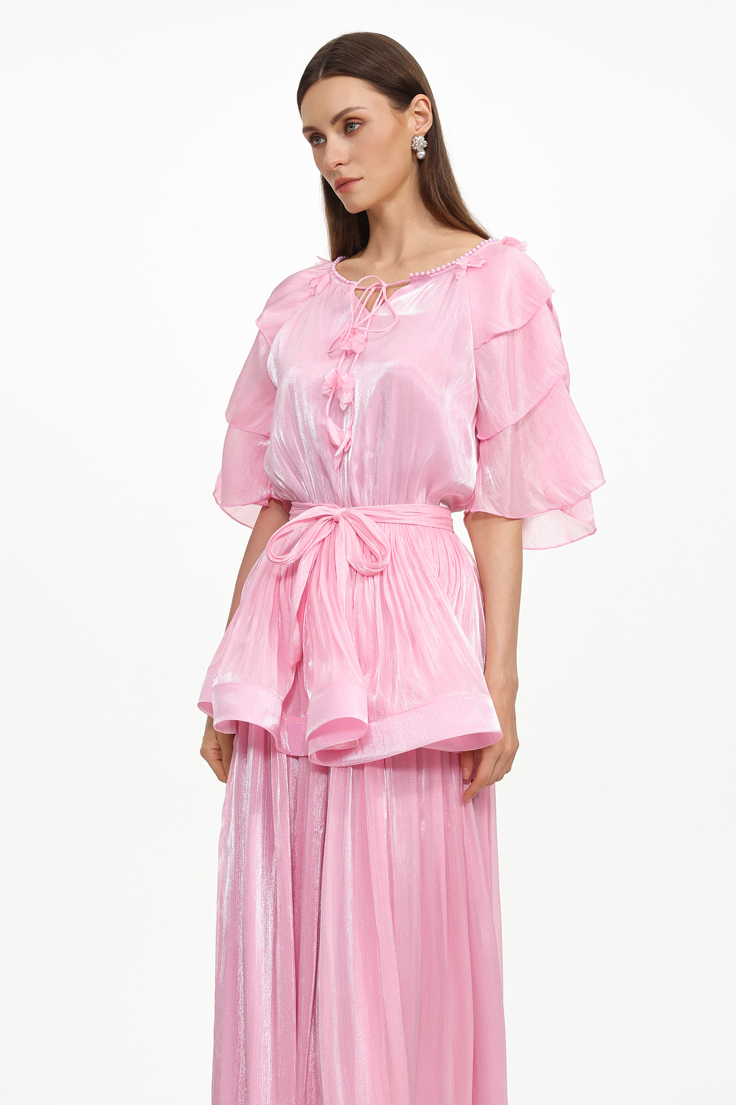Donnica Resort Flowy Round Neck Short Sleeve Ruffle Organza Maxi Dress
