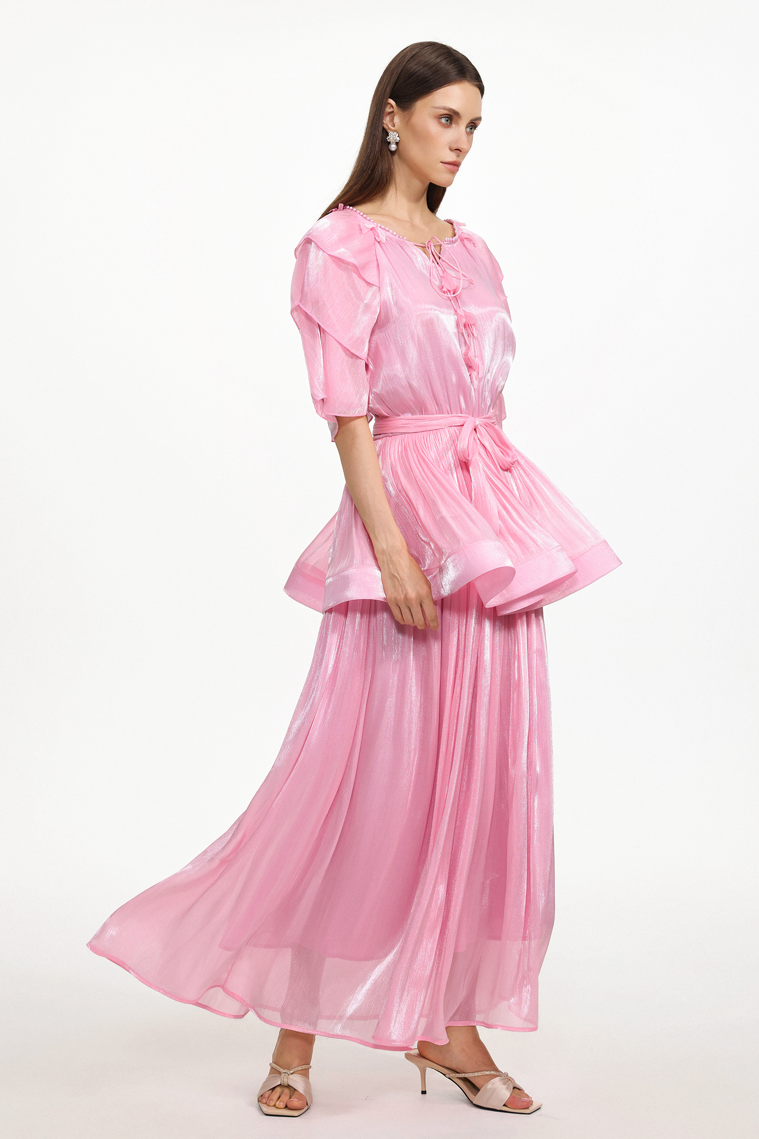 Donnica Resort Flowy Round Neck Short Sleeve Ruffle Organza Maxi Dress