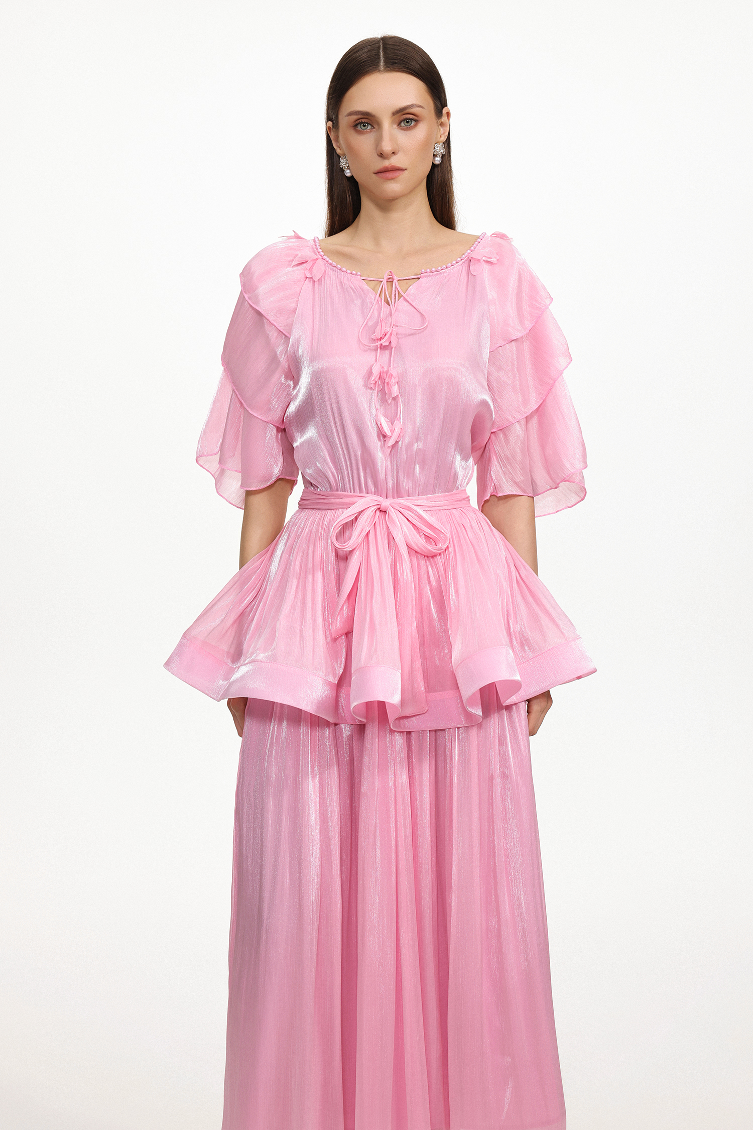 Donnica Resort Flowy Round Neck Short Sleeve Ruffle Organza Maxi Dress