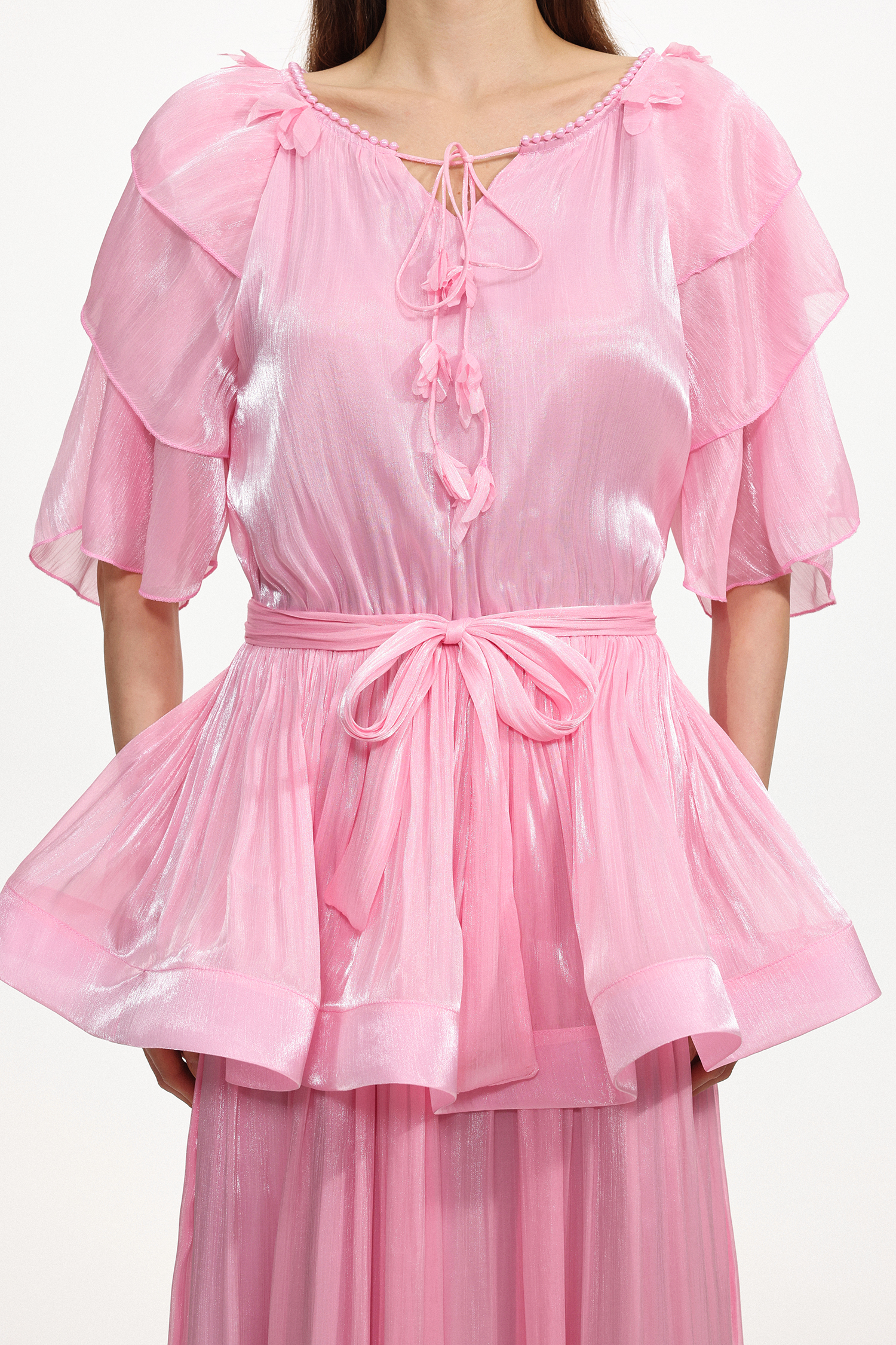 Donnica Resort Flowy Round Neck Short Sleeve Ruffle Organza Maxi Dress