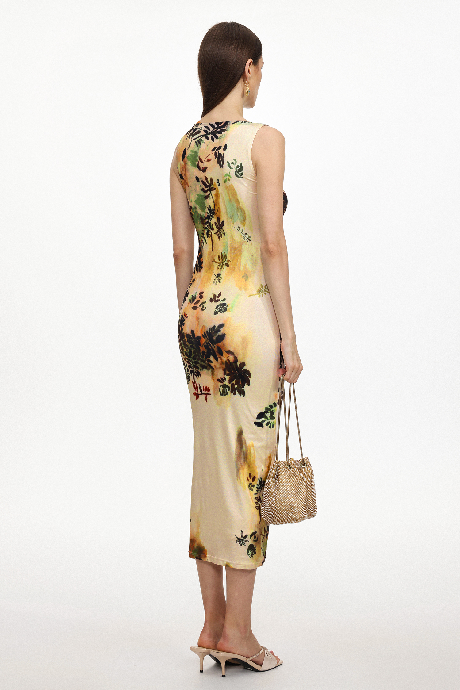Kristie Elegant Contour Sleeveless Floral Print Knit Maxi Dress
