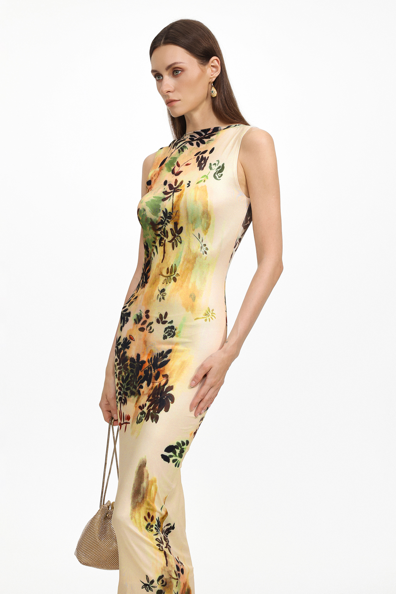 Kristie Elegant Contour Sleeveless Floral Print Knit Maxi Dress