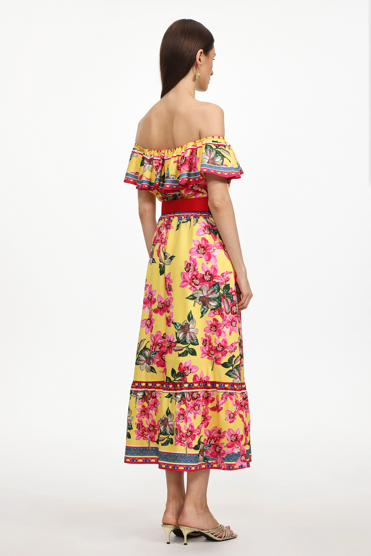 Poppy Resort Flowy Off Shoulder Ruffle Floral Print Woven Maxi Dress