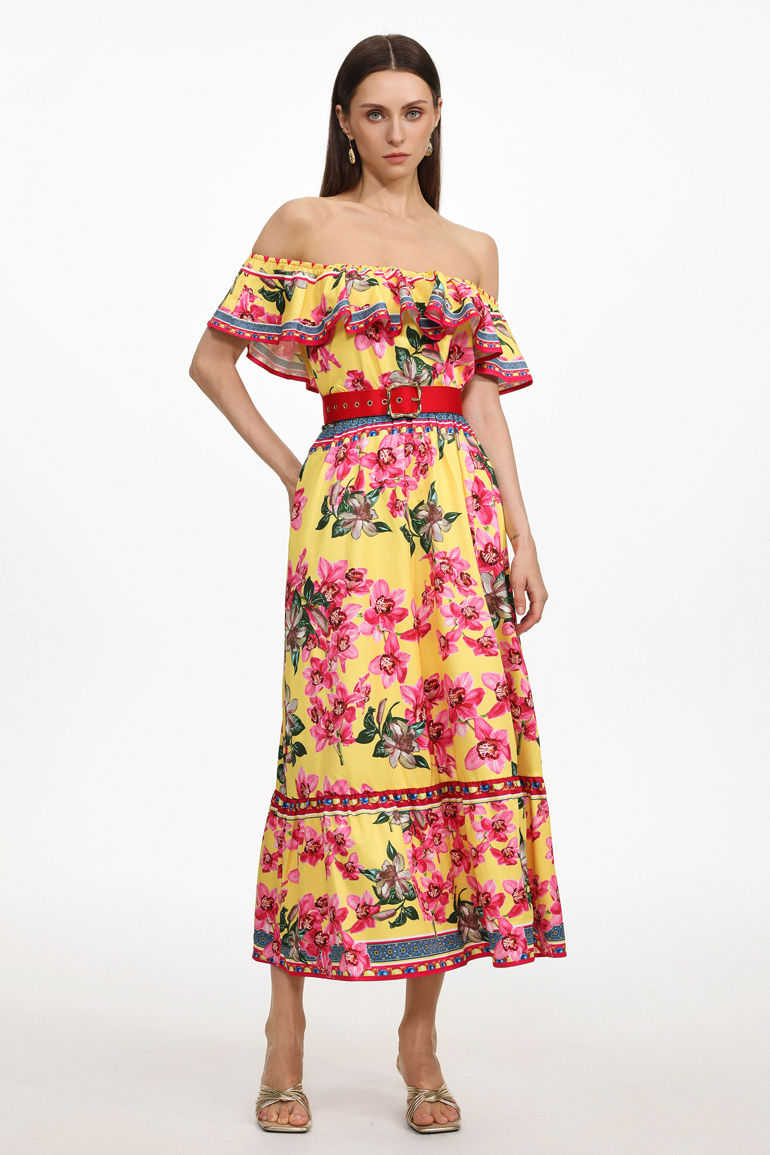 Poppy Resort Flowy Off Shoulder Ruffle Floral Print Woven Maxi Dress