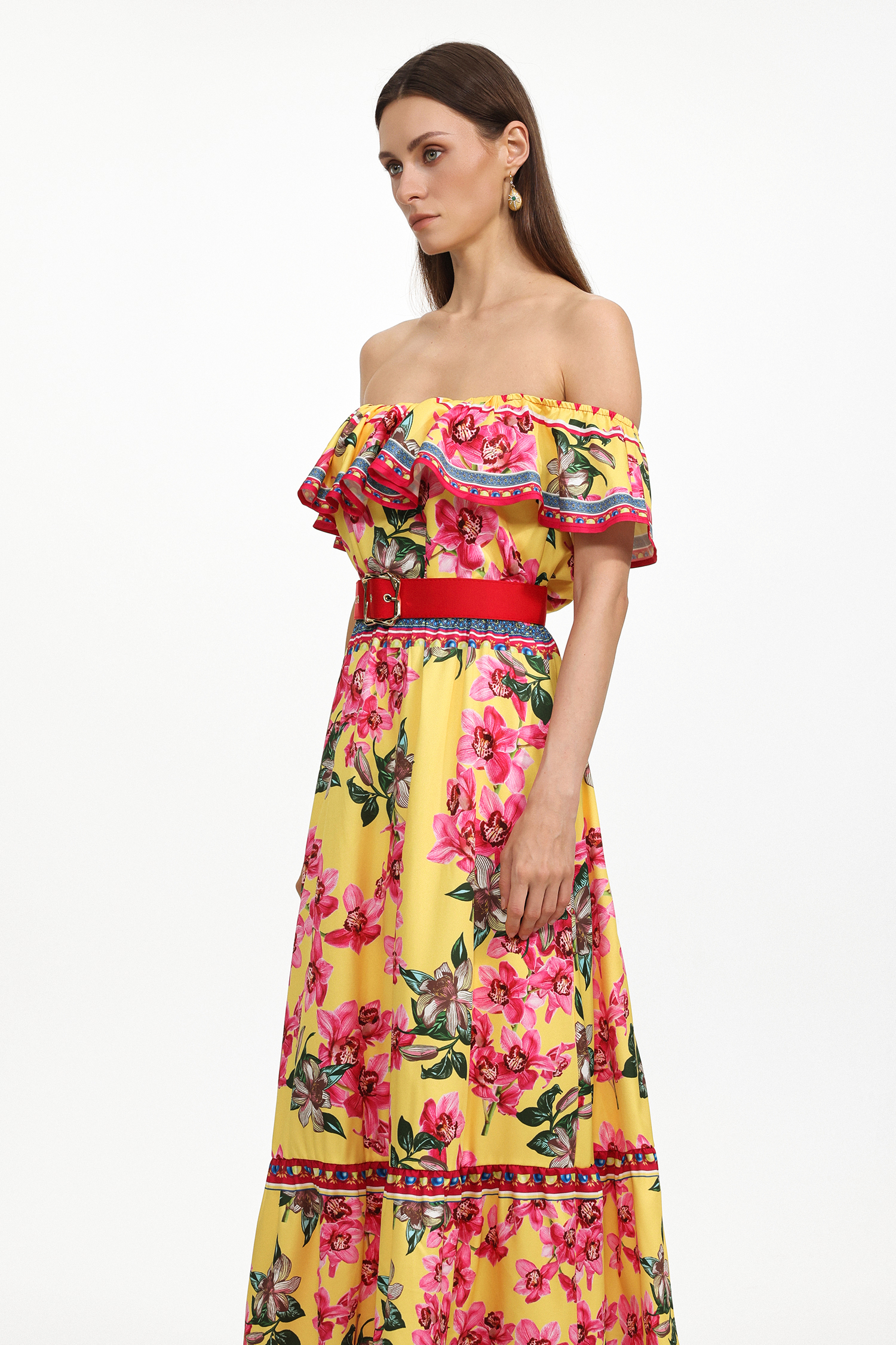 Poppy Resort Flowy Off Shoulder Ruffle Floral Print Woven Maxi Dress