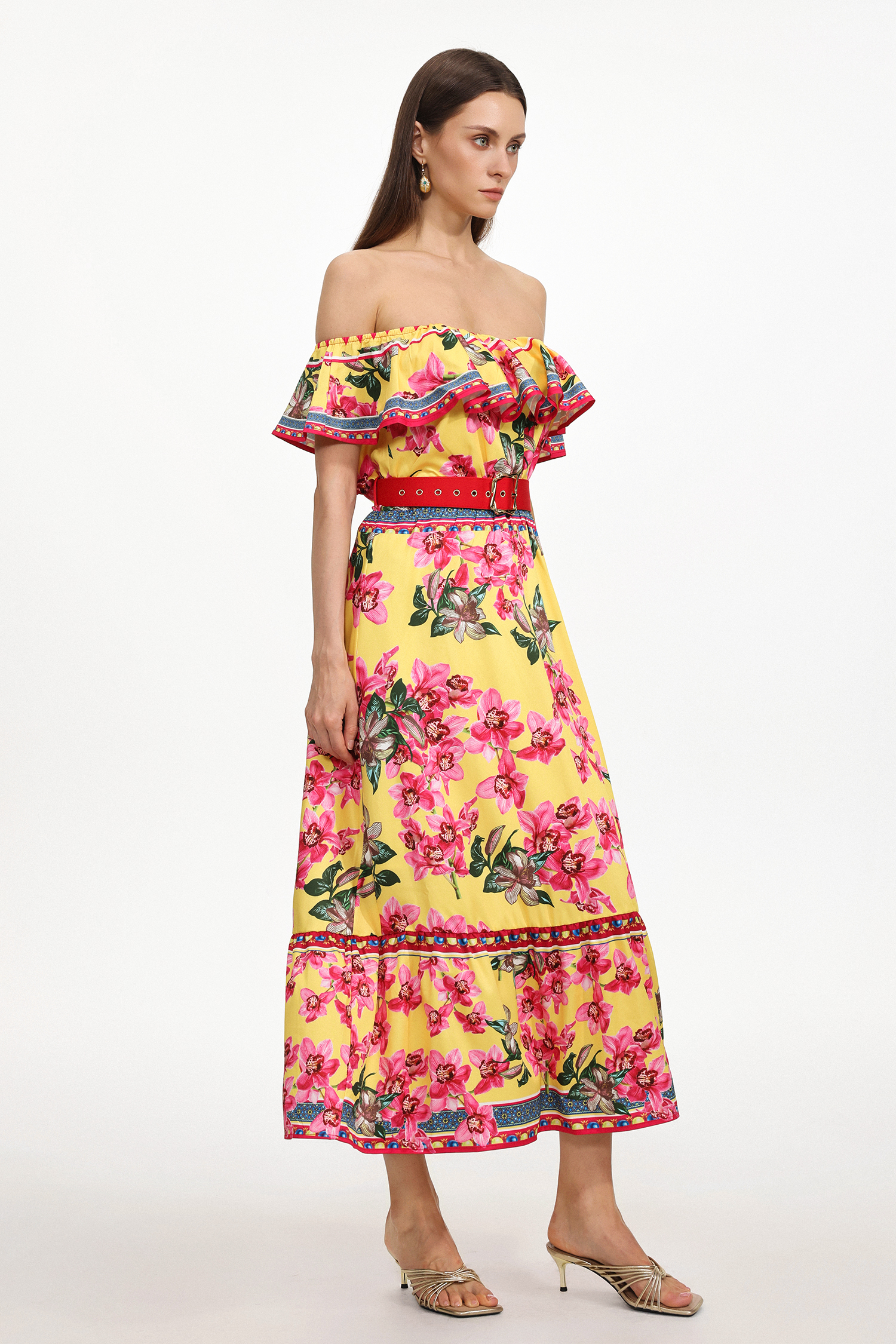Poppy Resort Flowy Off Shoulder Ruffle Floral Print Woven Maxi Dress