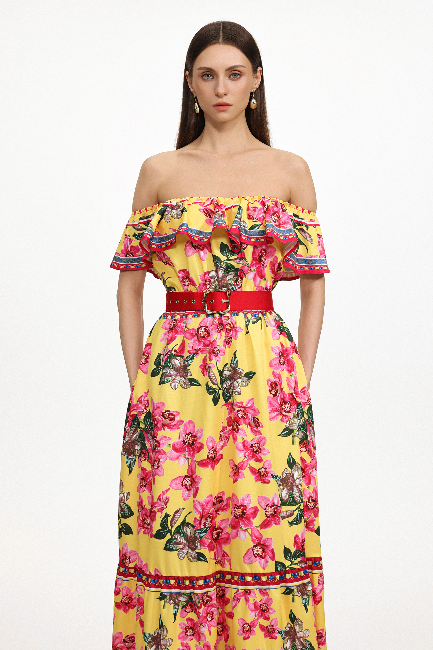 Poppy Resort Flowy Off Shoulder Ruffle Floral Print Woven Maxi Dress