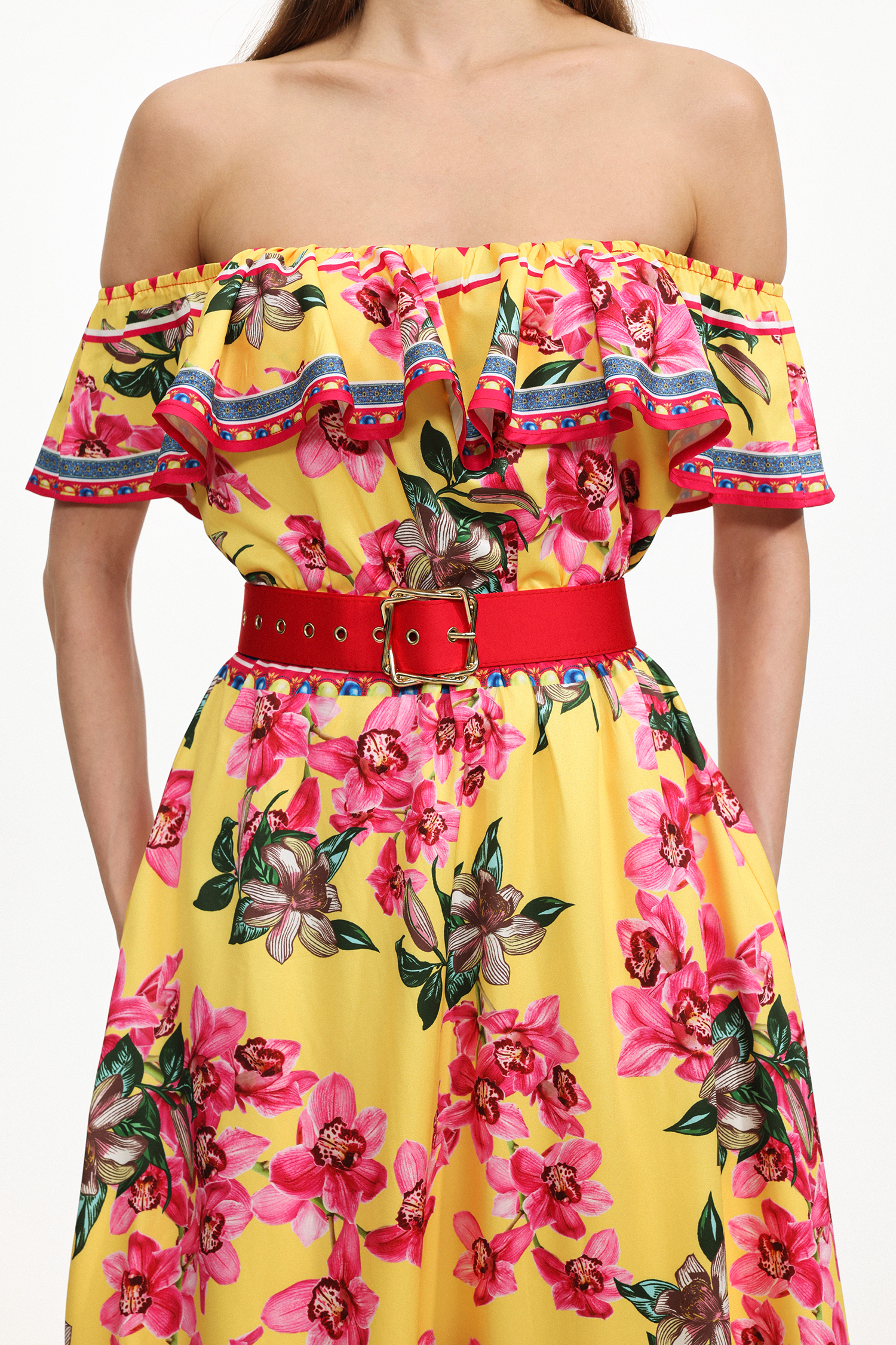 Poppy Resort Flowy Off Shoulder Ruffle Floral Print Woven Maxi Dress