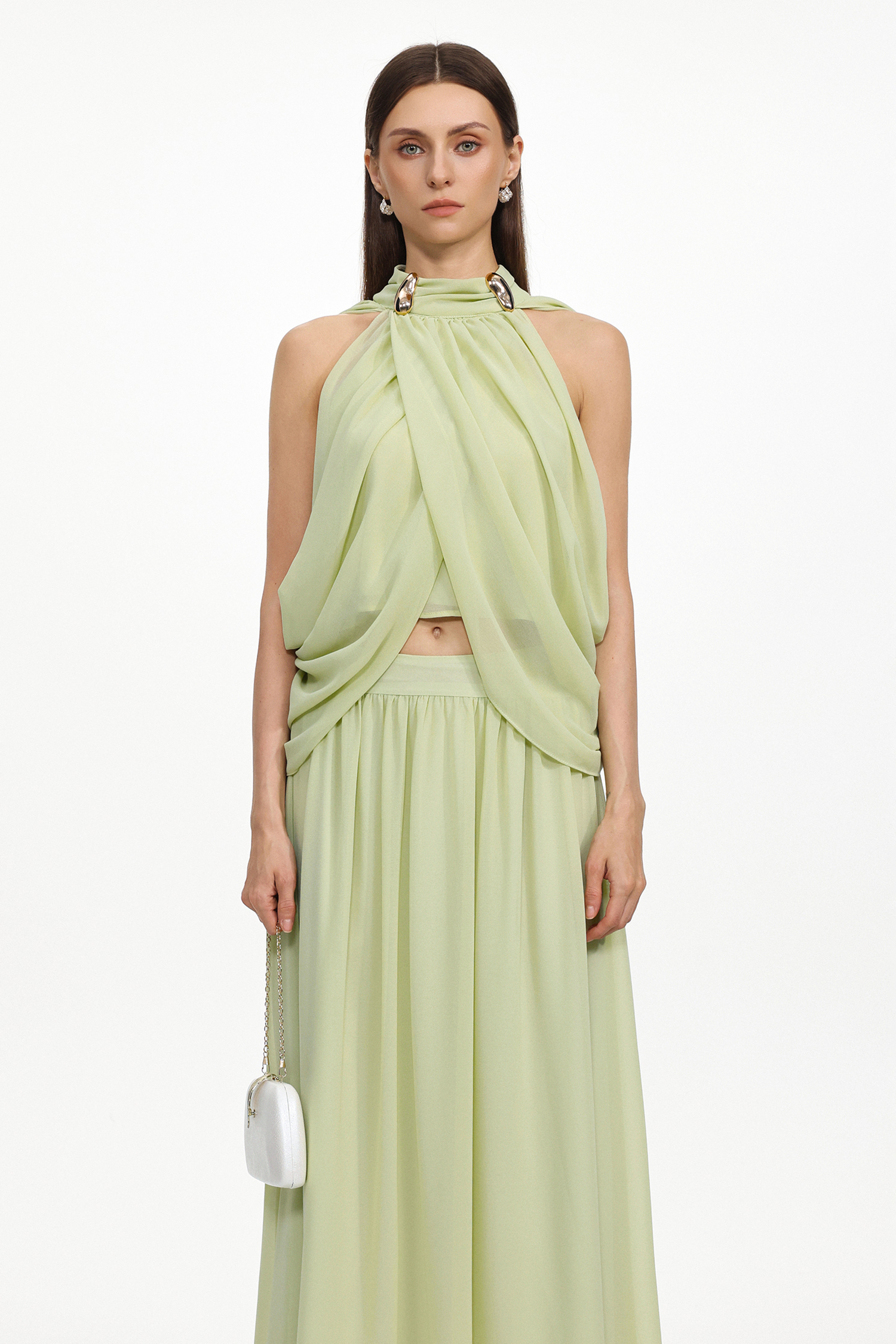 Nina Resort Flowy Sleeveless Ruched Chiffon Top and Skirt Two Piece Set