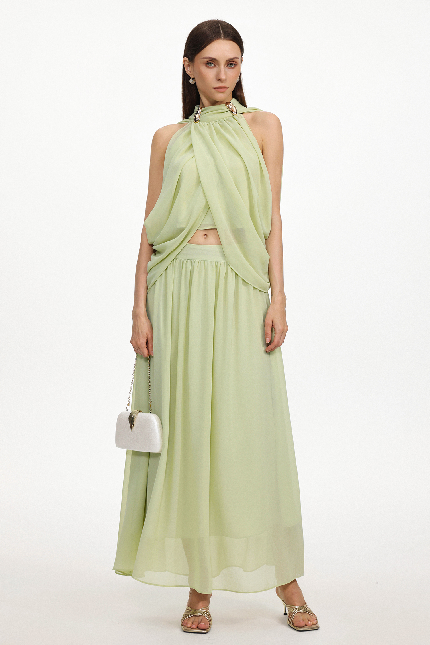 Nina Resort Flowy Sleeveless Ruched Chiffon Top and Skirt Two Piece Set
