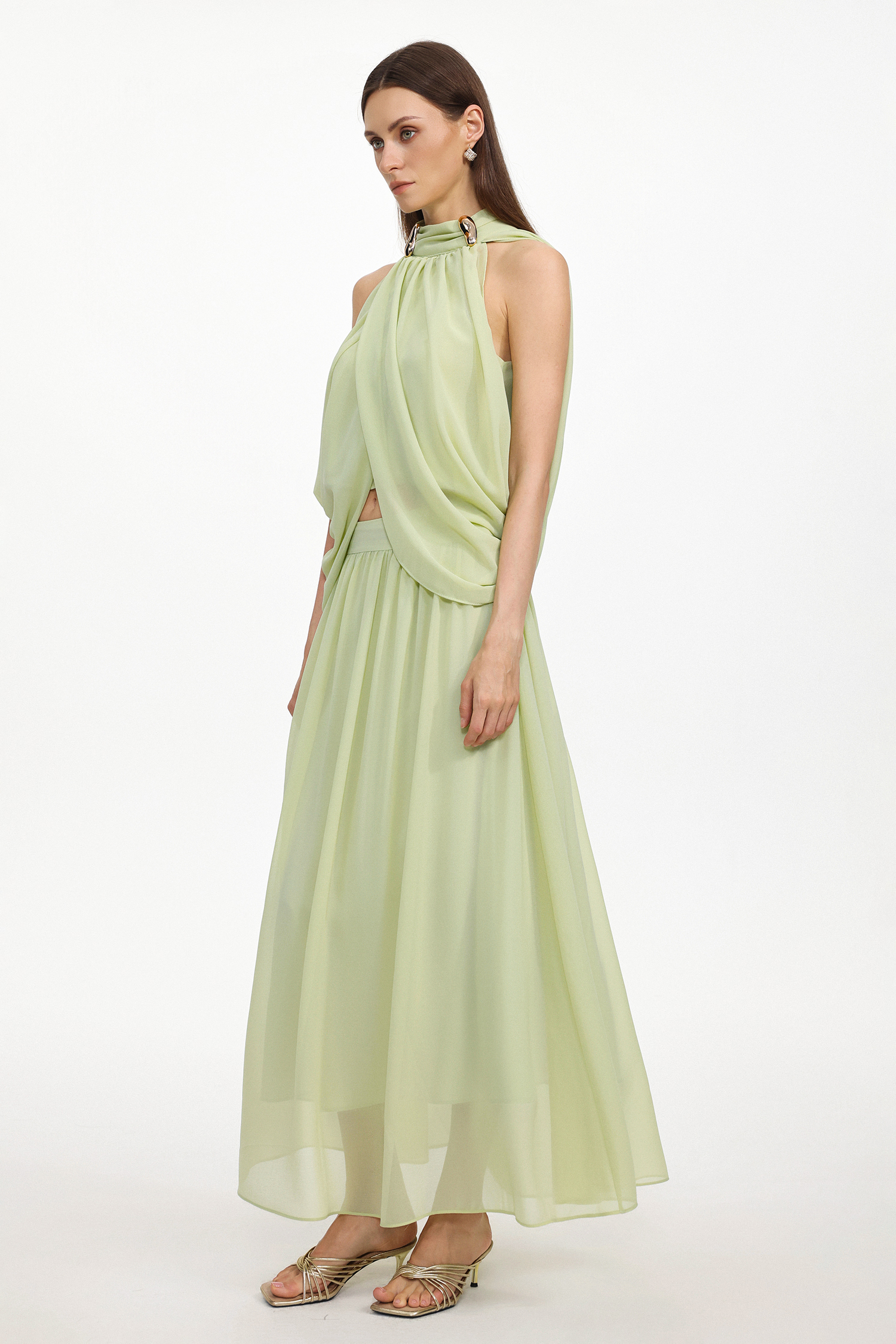 Nina Resort Flowy Sleeveless Ruched Chiffon Top and Skirt Two Piece Set