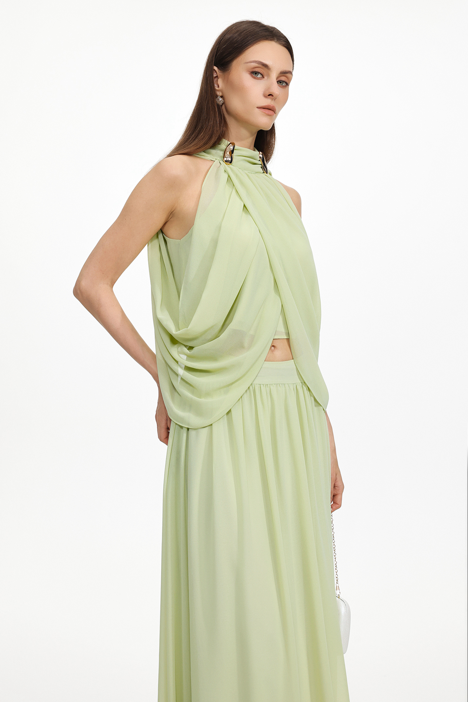 Nina Resort Flowy Sleeveless Ruched Chiffon Top and Skirt Two Piece Set