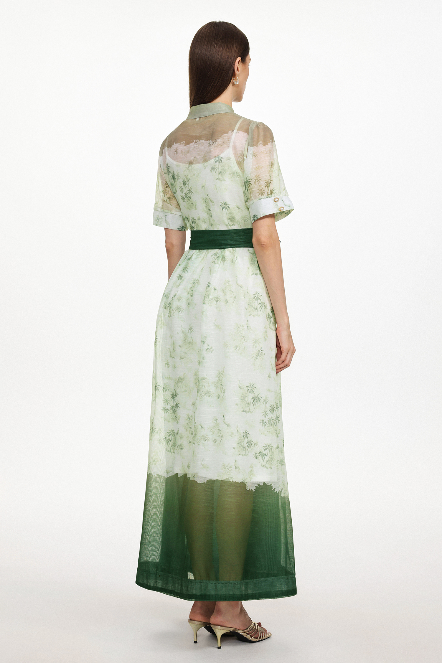Vilane Resort Flowy Short Sleeve Floral Print Woven Green Maxi Dress