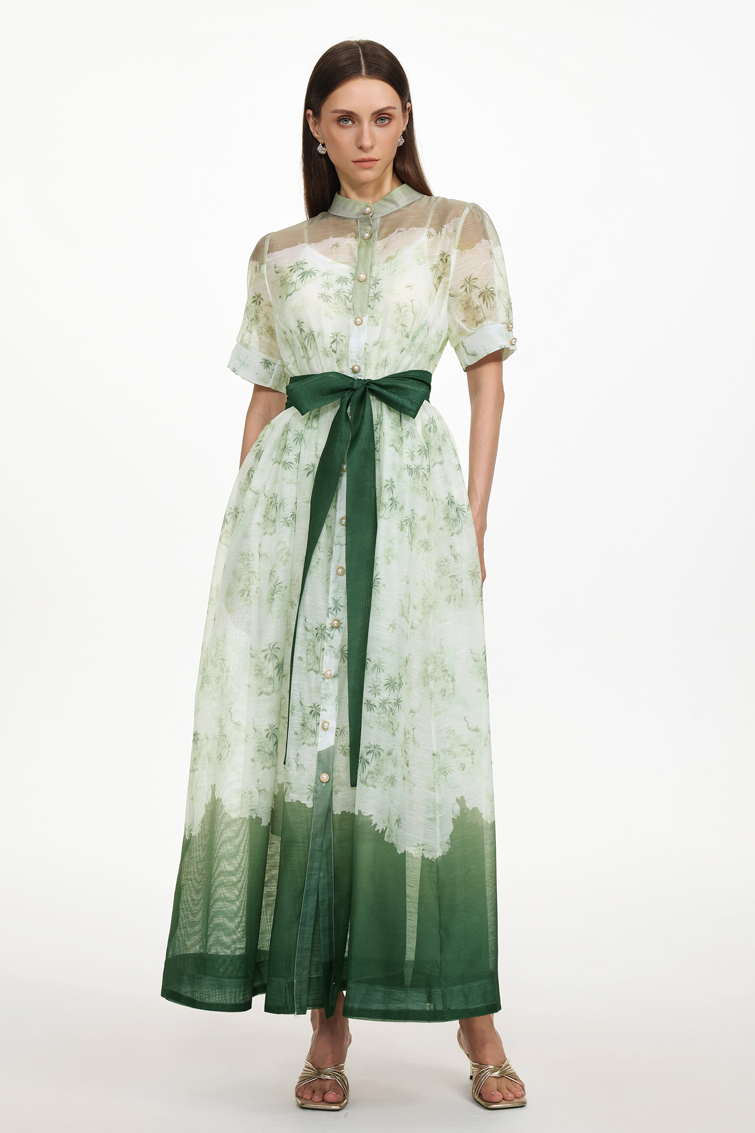 Vilane Resort Flowy Short Sleeve Floral Print Woven Green Maxi Dress