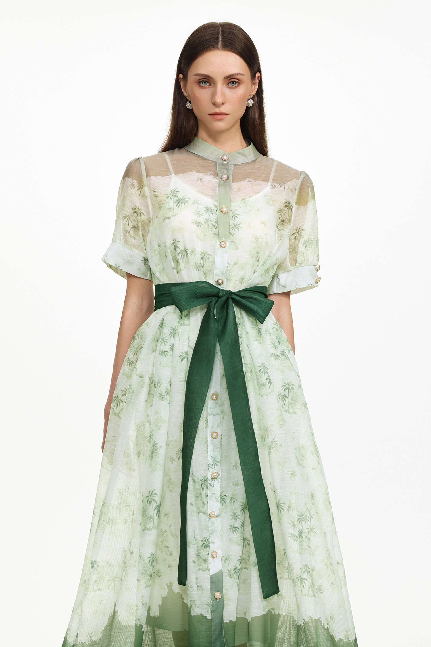 Vilane Resort Flowy Short Sleeve Floral Print Woven Green Maxi Dress
