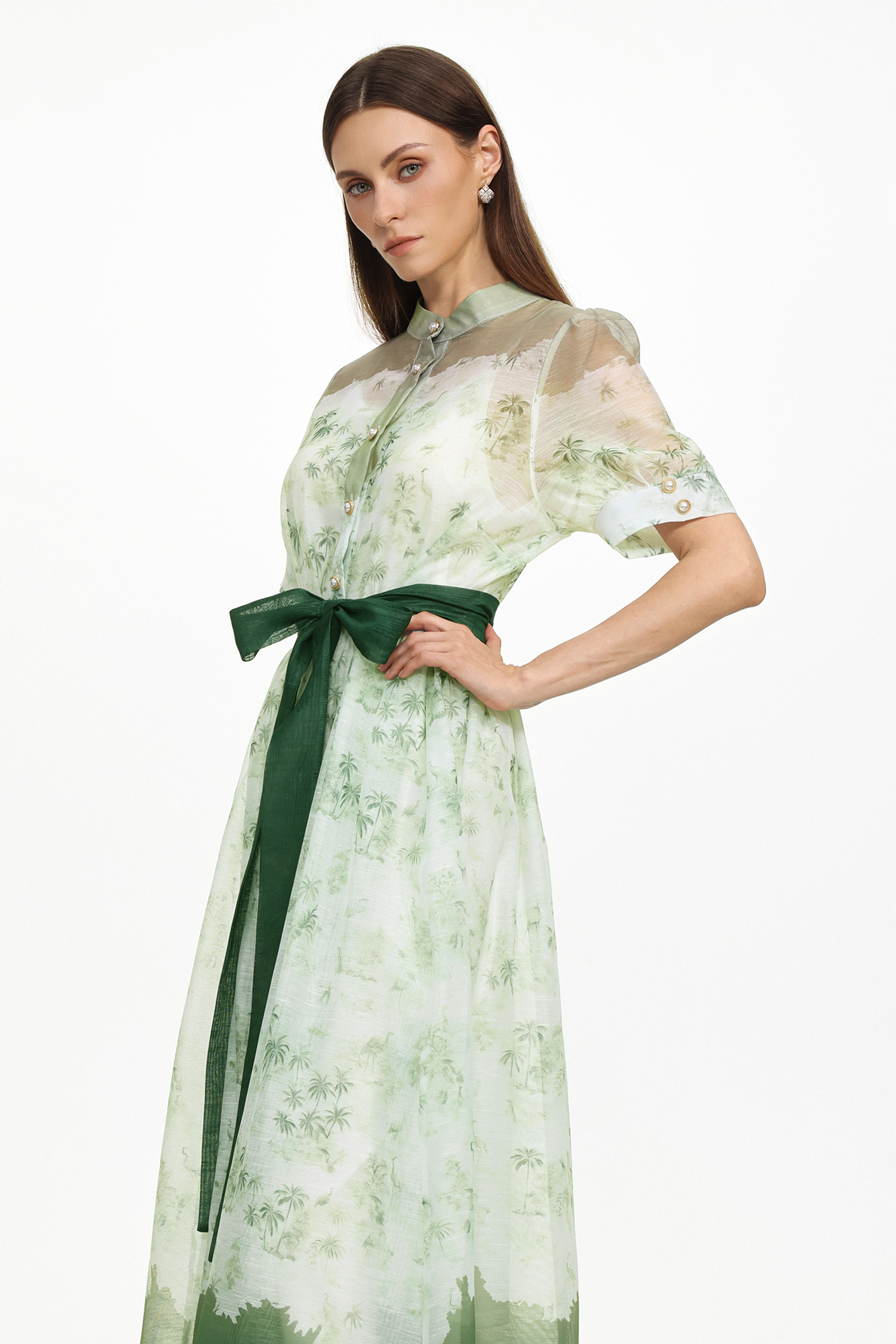 Vilane Resort Flowy Short Sleeve Floral Print Woven Green Maxi Dress
