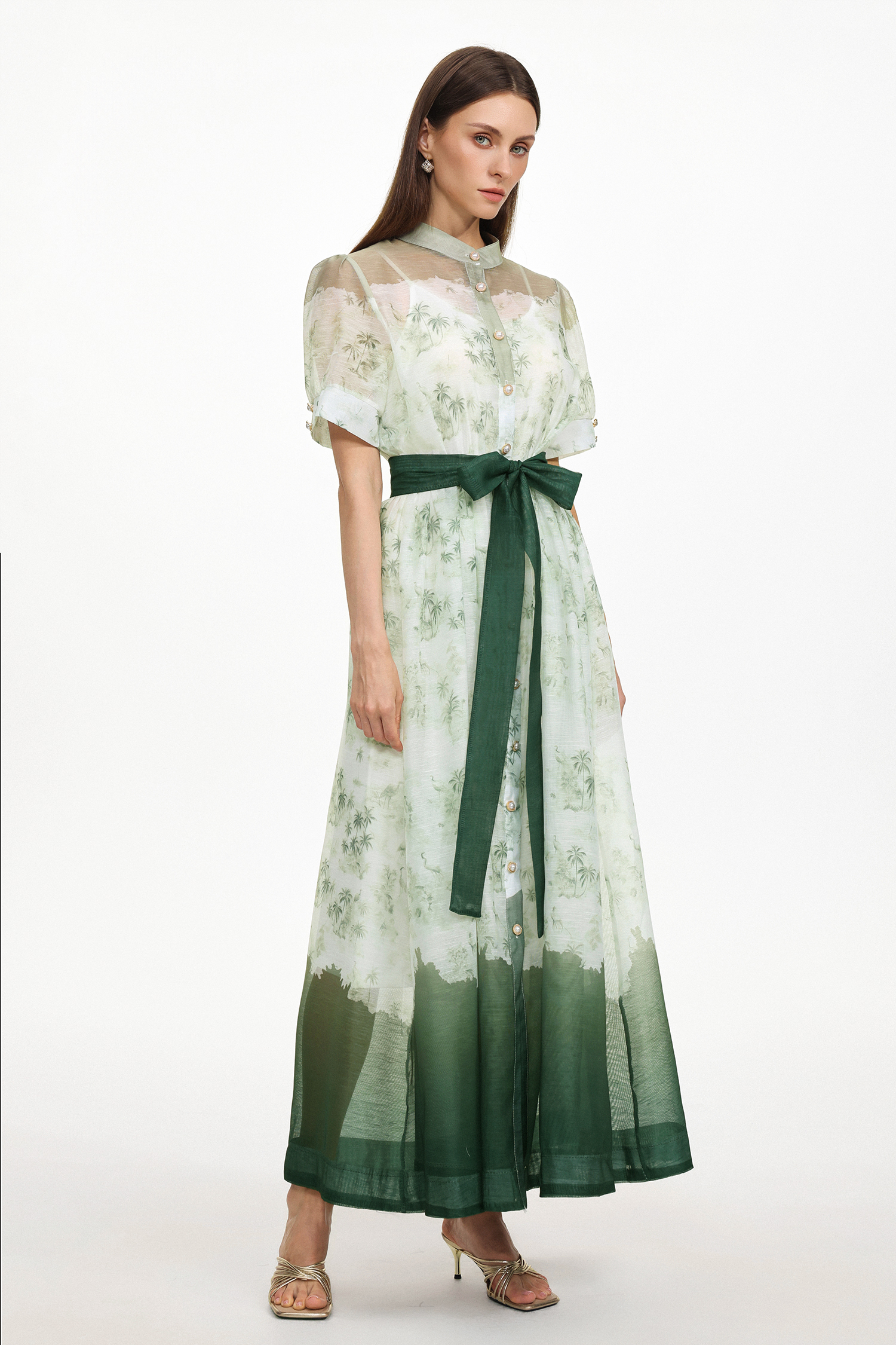 Vilane Resort Flowy Short Sleeve Floral Print Woven Green Maxi Dress