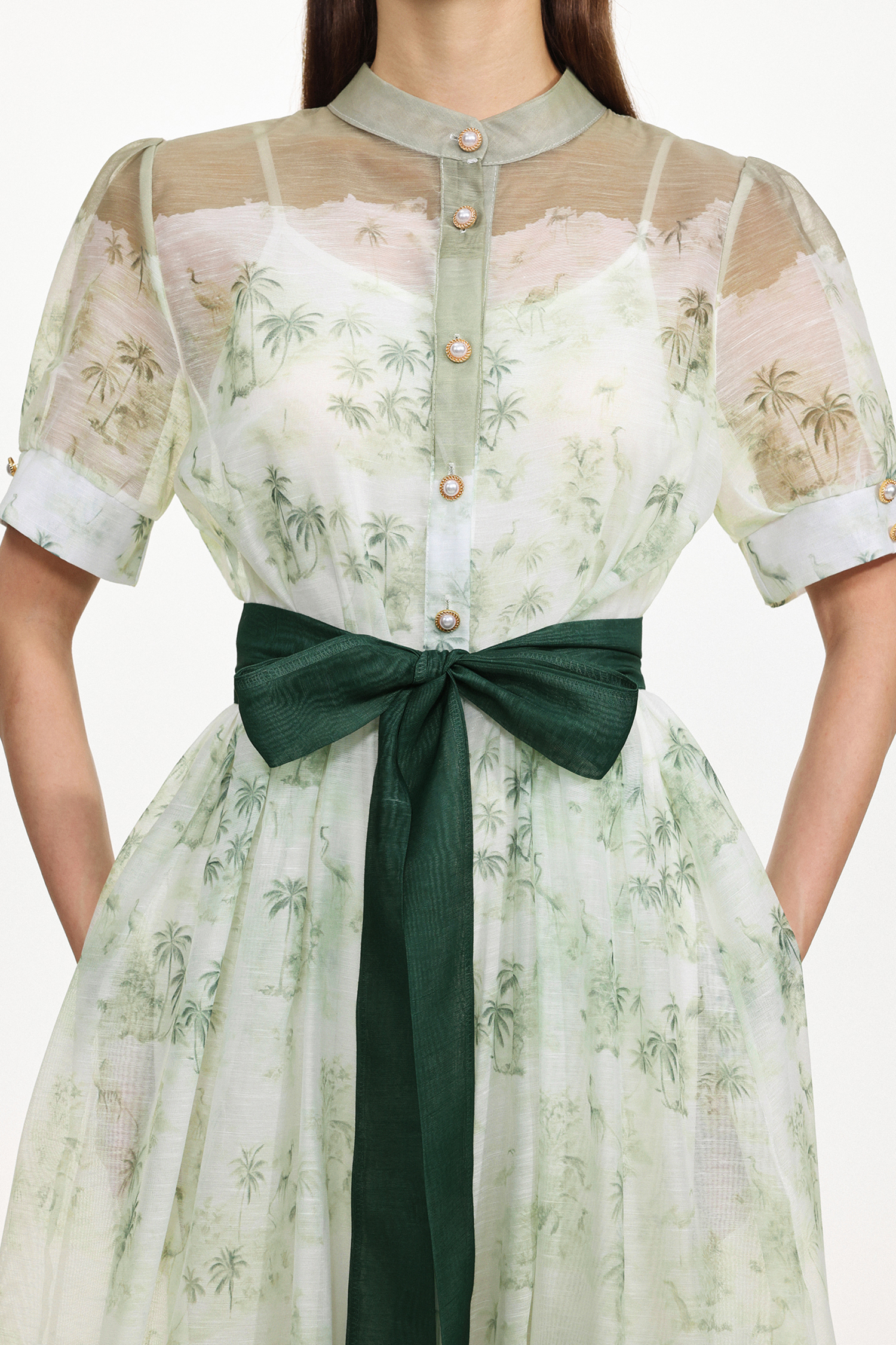 Vilane Resort Flowy Short Sleeve Floral Print Woven Green Maxi Dress