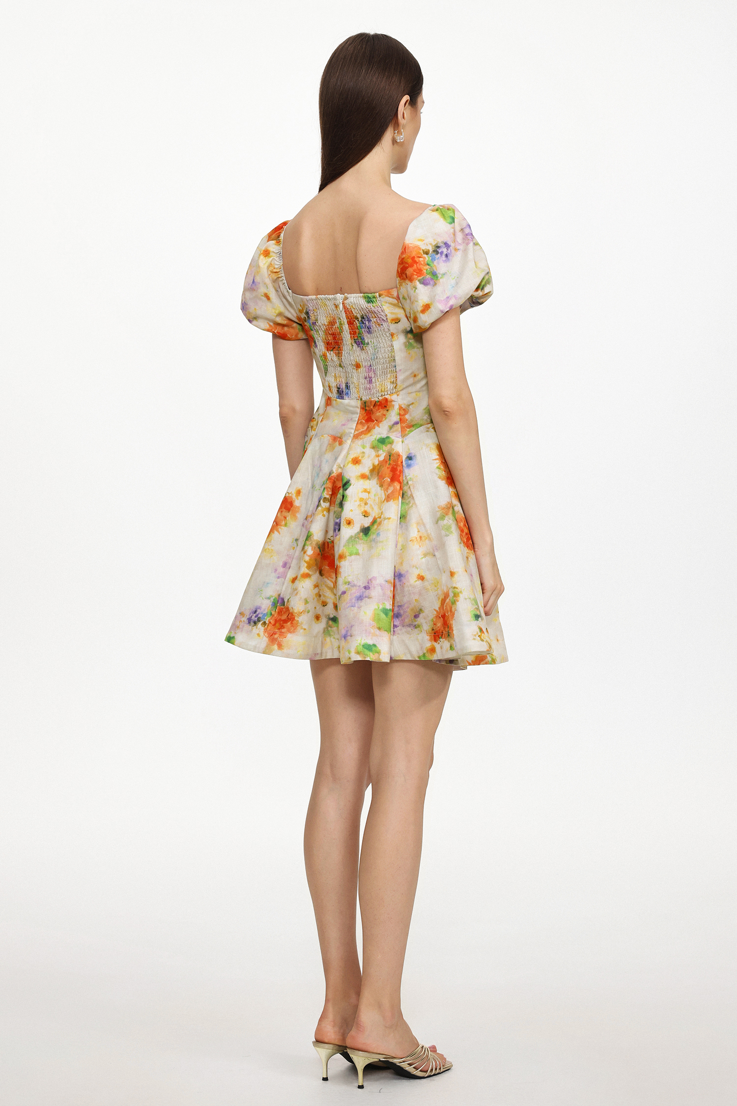 Gearoid Resort Tailored Ruched Puff Sleeve Floral Print Woven Mini Dress